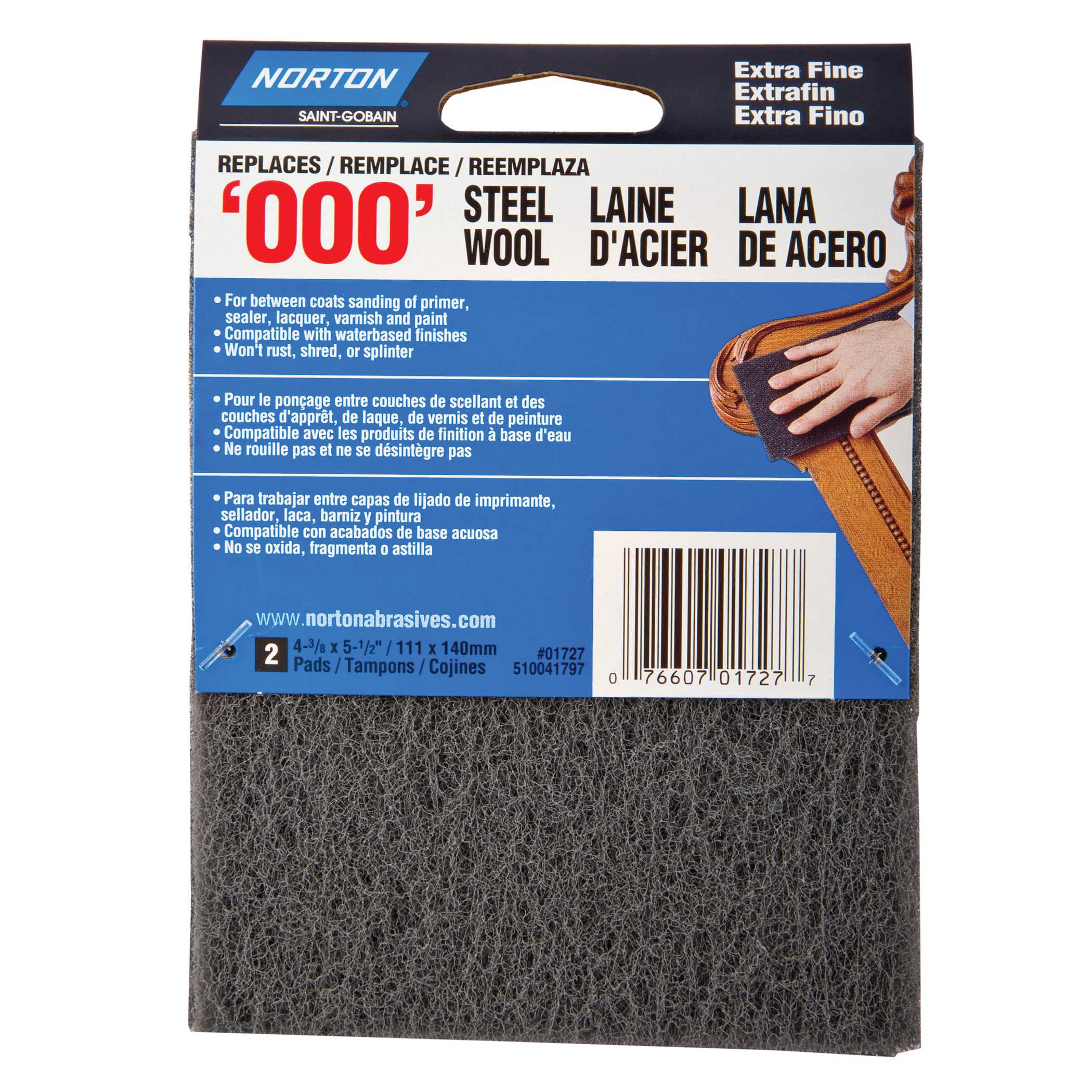 Norton® Bear-Tex® 07660701727 Non-Woven Hand Pad, 5-1/2 in L, 4-3/8 in W W/Dia, Micro Fine Grade, Synthetic Steel Wool Abrasive