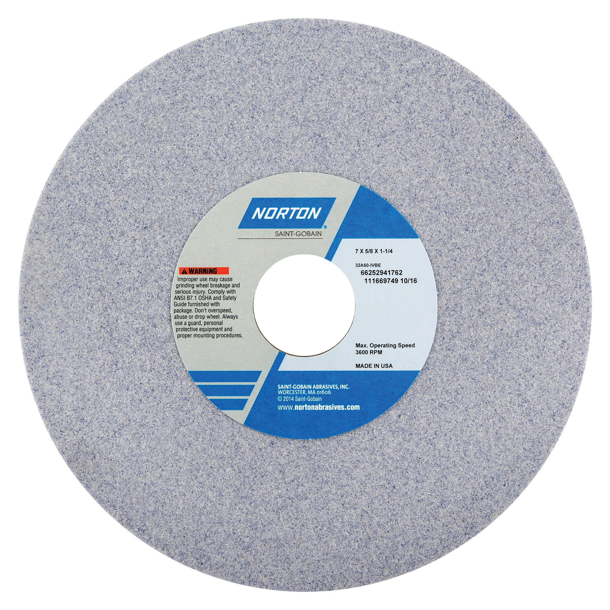 Norton® 66252941762 32A Straight Toolroom Wheel, 7 in Dia x 5/8 in THK, 1-1/4 in Center Hole, 60 Grit, Aluminum Oxide Abrasive