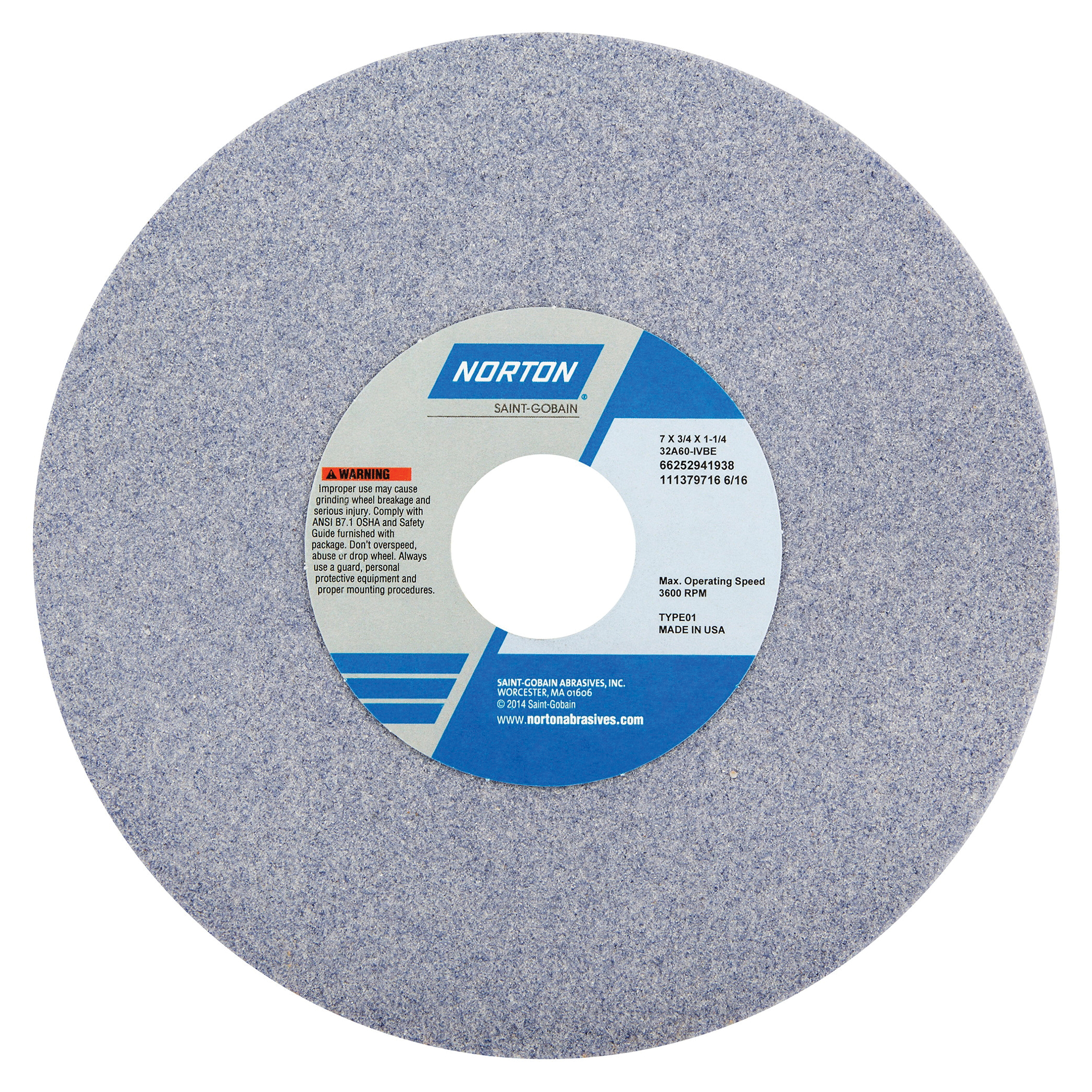 Norton® 66252941930 32A Straight Toolroom Wheel, 7 in Dia x 3/4 in THK, 1-1/4 in Center Hole, 46 Grit, Aluminum Oxide Abrasive