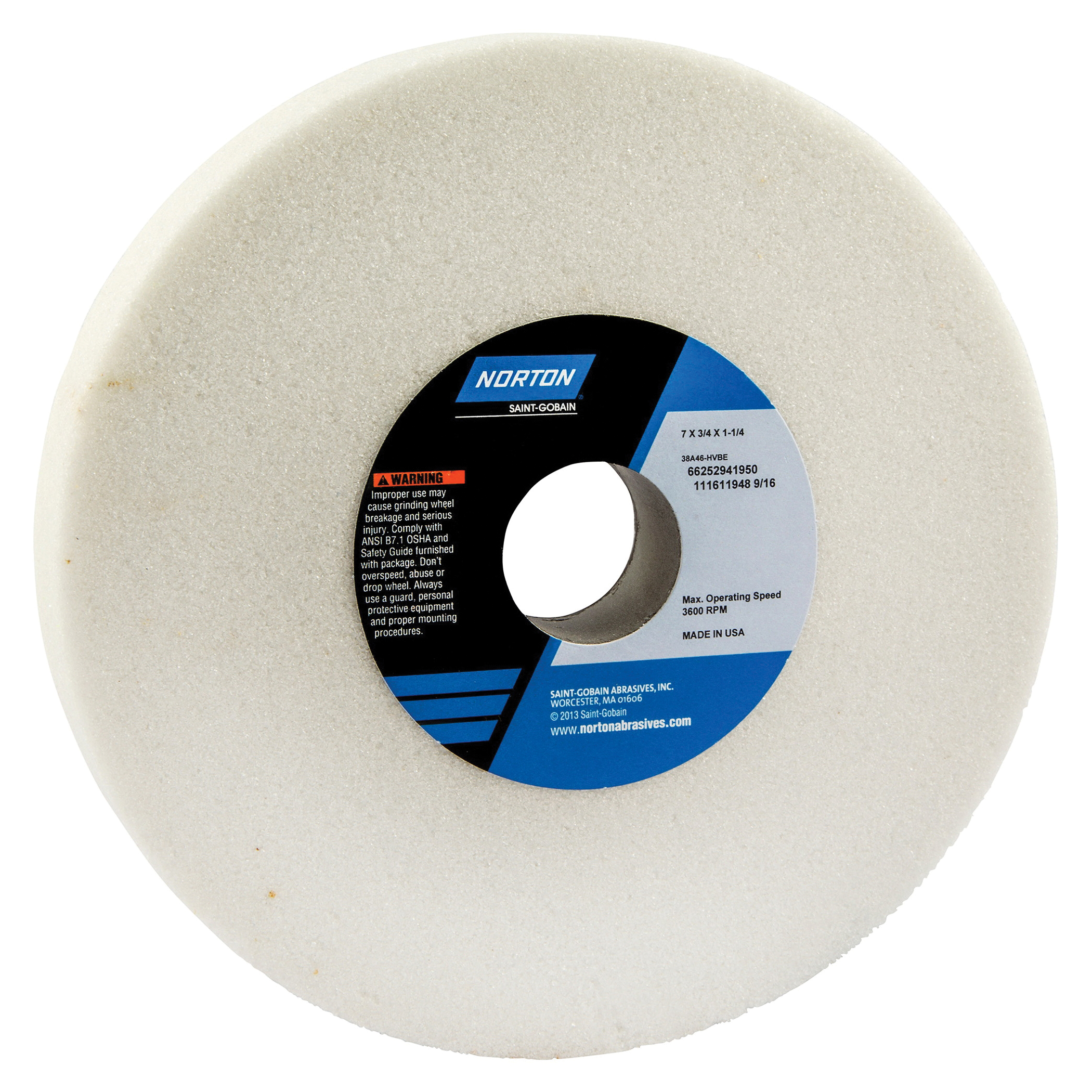 Norton® 66252941950 38A Straight Toolroom Wheel, 7 in Dia x 3/4 in THK, 1-1/4 in Center Hole, 46 Grit, Aluminum Oxide Abrasive