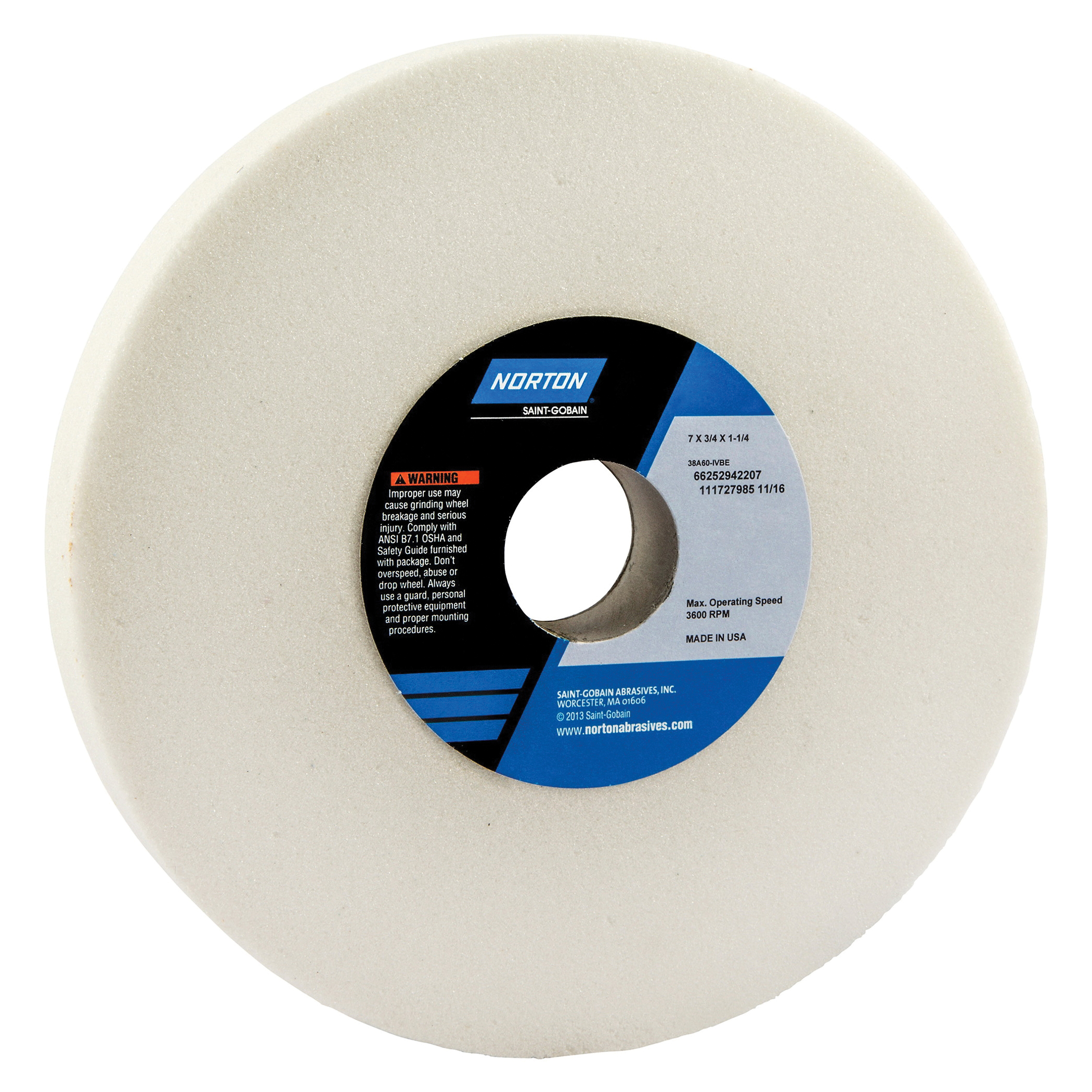 Norton® 66252942060 38A Straight Toolroom Wheel, 7 in Dia x 3/4 in THK, 1-1/4 in Center Hole, 60 Grit, Aluminum Oxide Abrasive