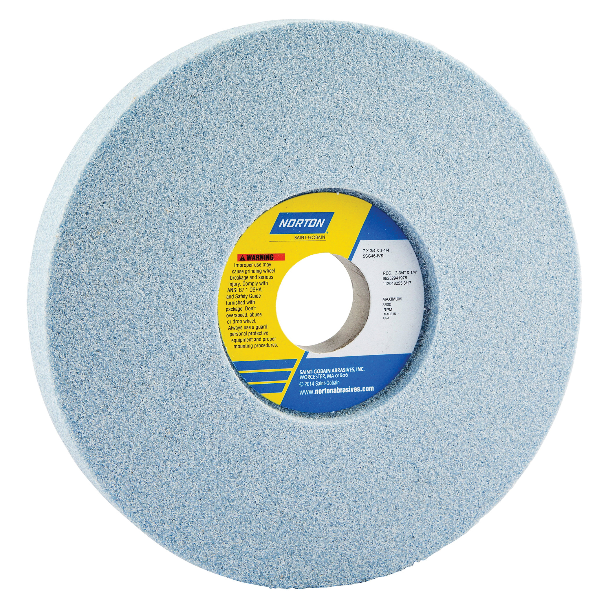 Norton® 66252942312 5SG 1-Side Recessed Toolroom Wheel, 7 in Dia x 3/4 in THK, 1-1/4 in Center Hole, 60 Grit, Ceramic Alumina/Friable Aluminum Oxide Abrasive