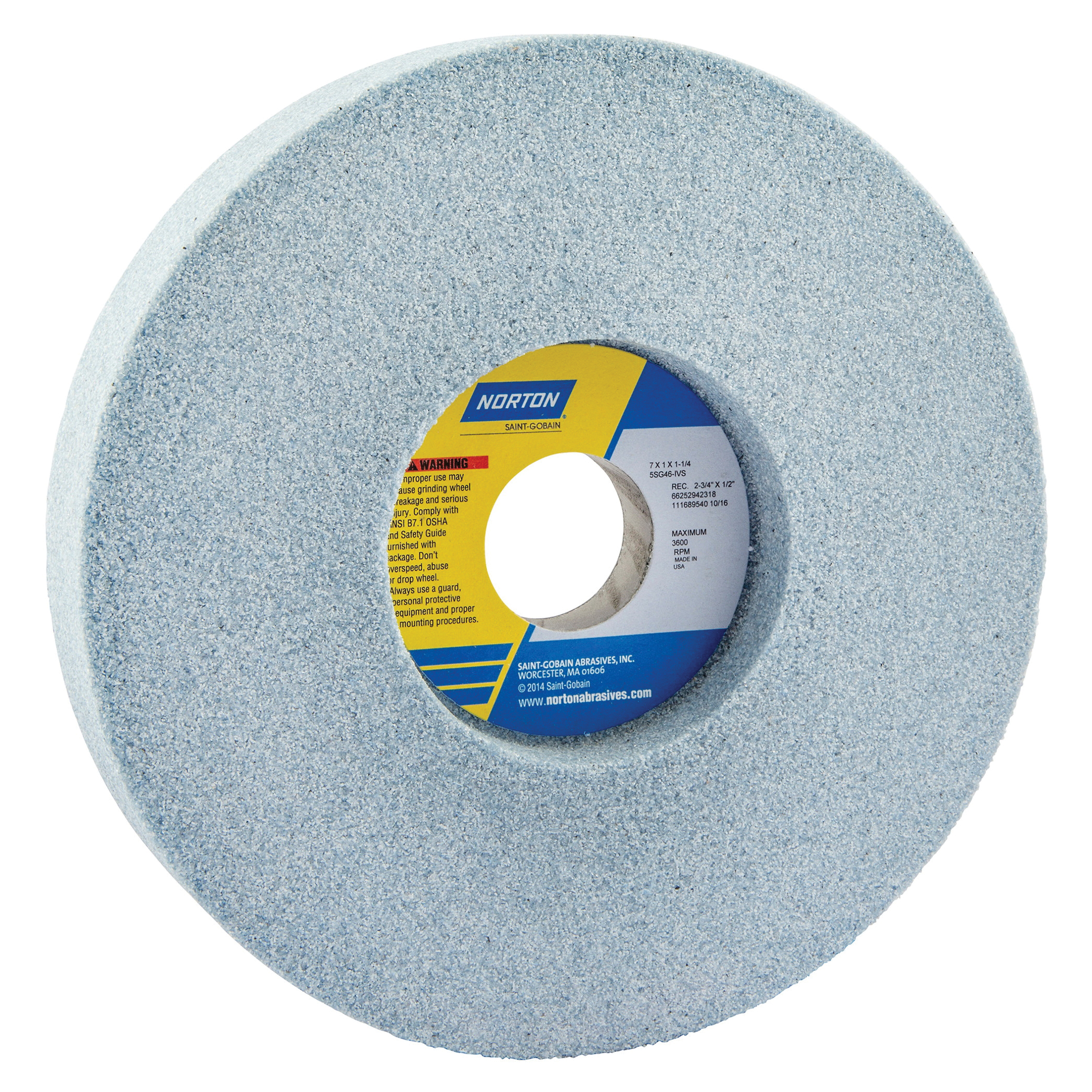 Norton® 66252942318 5SG 1-Side Recessed Toolroom Wheel, 7 in Dia x 1 in THK, 1-1/4 in Center Hole, 46 Grit, Ceramic Alumina/Friable Aluminum Oxide Abrasive