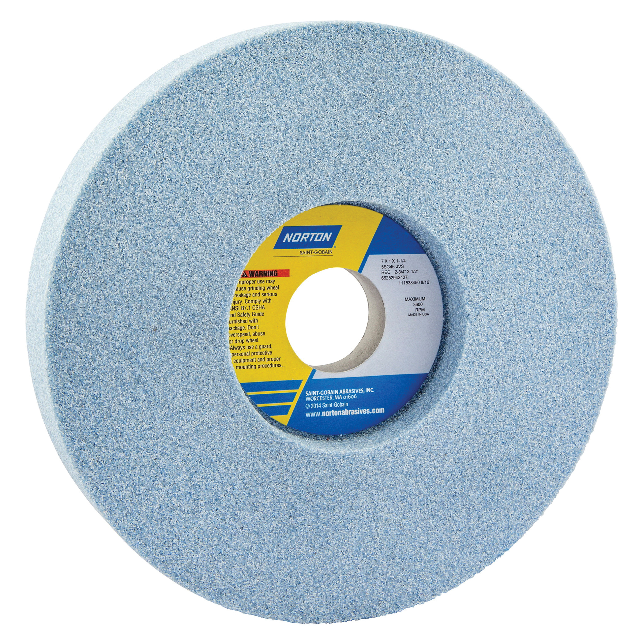 Norton® 66252942427 5SG 1-Side Recessed Toolroom Wheel, 7 in Dia x 1 in THK, 1-1/4 in Center Hole, 46 Grit, Ceramic Alumina/Friable Aluminum Oxide Abrasive