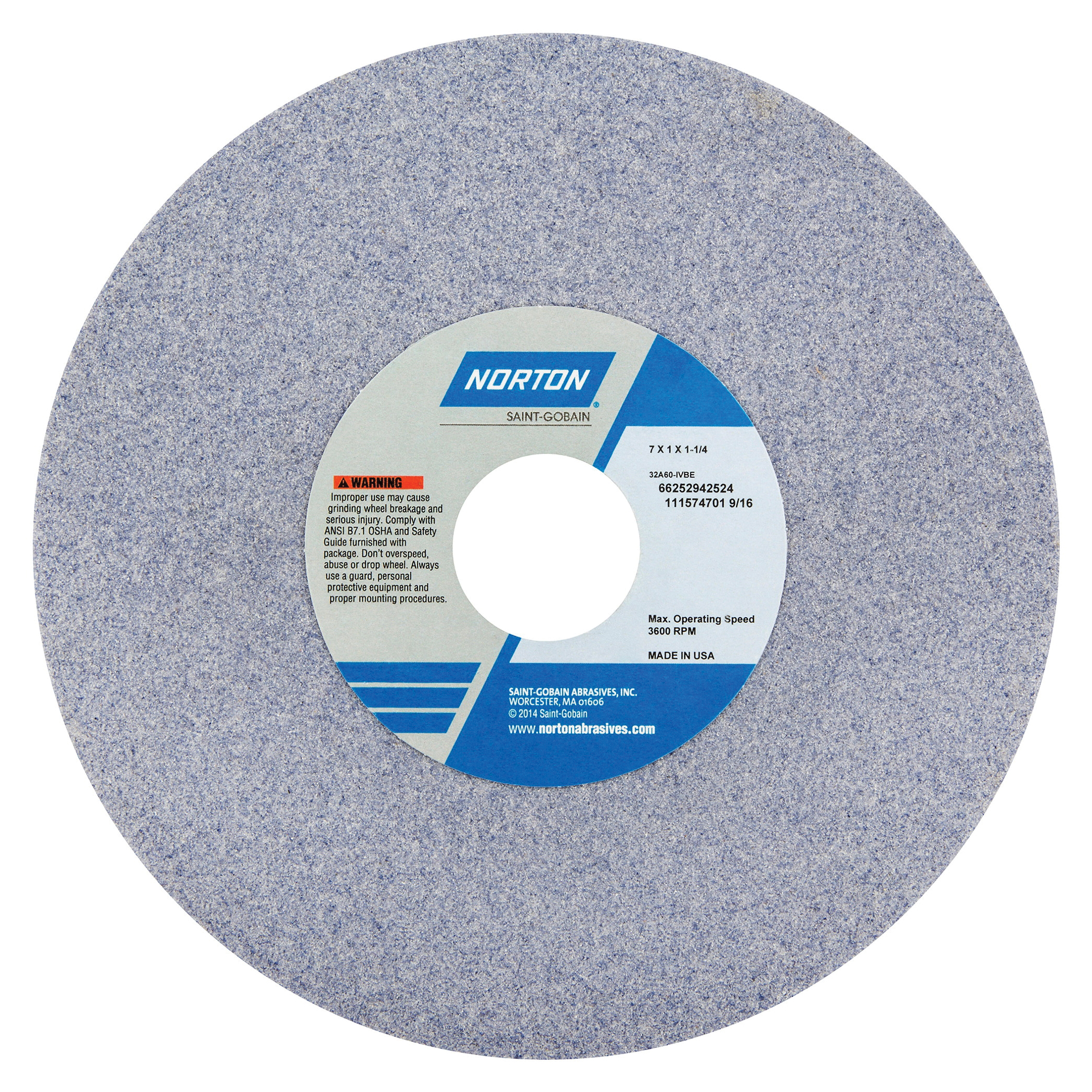 Norton® 66252942513 32A Straight Toolroom Wheel, 7 in Dia x 1 in THK, 1-1/4 in Center Hole, 46 Grit, Aluminum Oxide Abrasive
