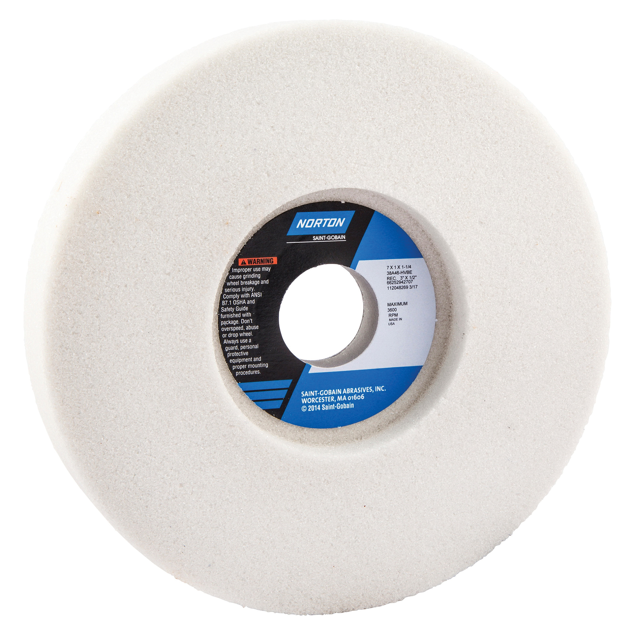Norton® 66252942707 38A 1-Side Recessed Toolroom Wheel, 7 in Dia x 1 in THK, 1-1/4 in Center Hole, 46 Grit, Aluminum Oxide Abrasive