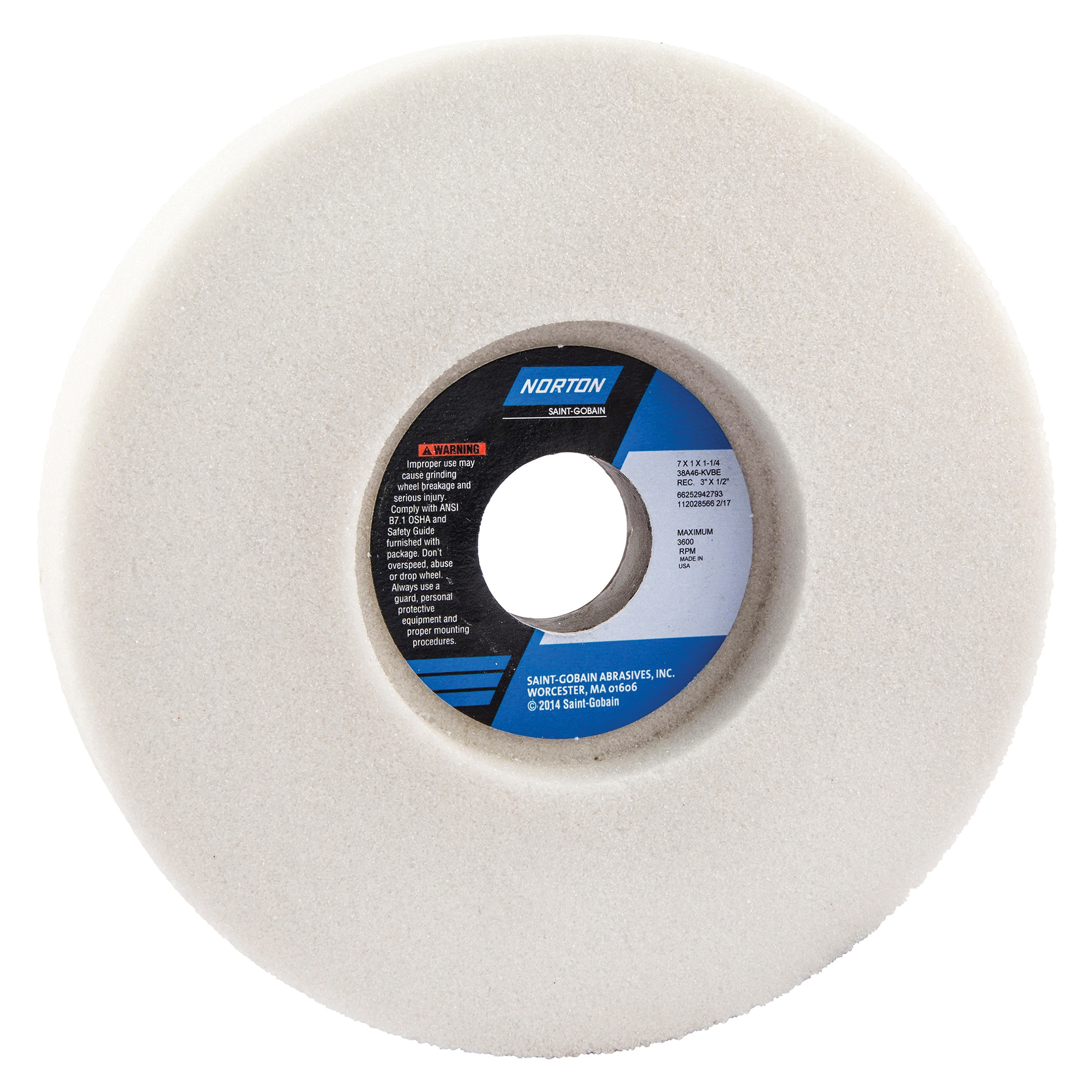 Norton® 66252942793 38A 1-Side Recessed Toolroom Wheel, 7 in Dia x 1 in THK, 1-1/4 in Center Hole, 46 Grit, Aluminum Oxide Abrasive