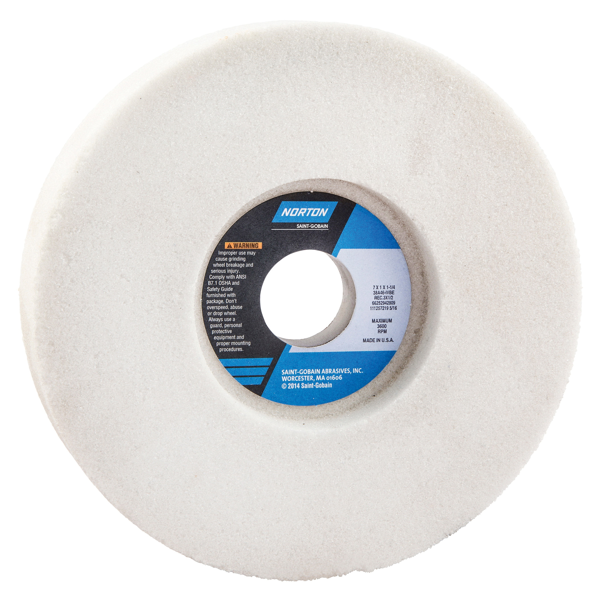 Norton® 66252942809 38A 1-Side Recessed Toolroom Wheel, 7 in Dia x 1 in THK, 1-1/4 in Center Hole, 46 Grit, Aluminum Oxide Abrasive