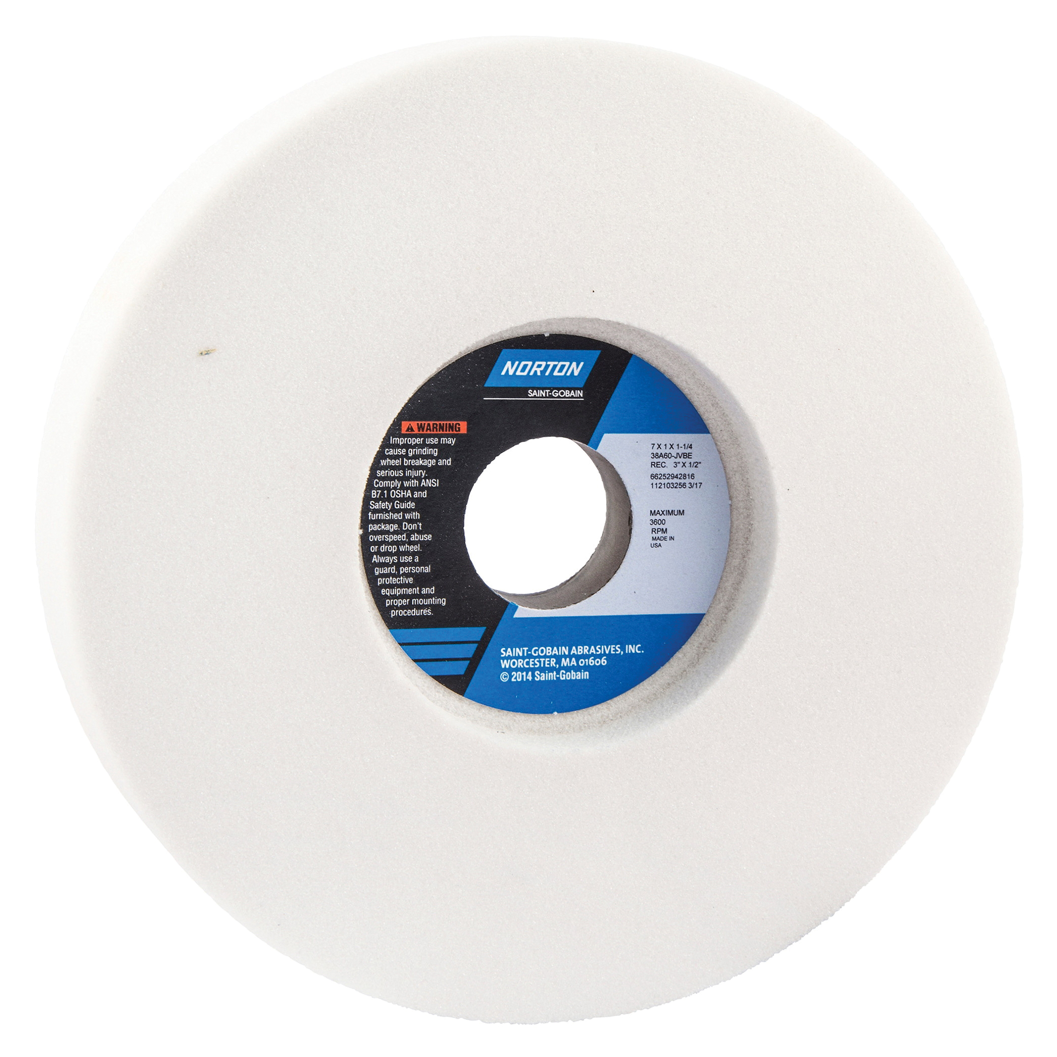 Norton® 66252942816 38A 1-Side Recessed Toolroom Wheel, 7 in Dia x 1 in THK, 1-1/4 in Center Hole, 60 Grit, Aluminum Oxide Abrasive