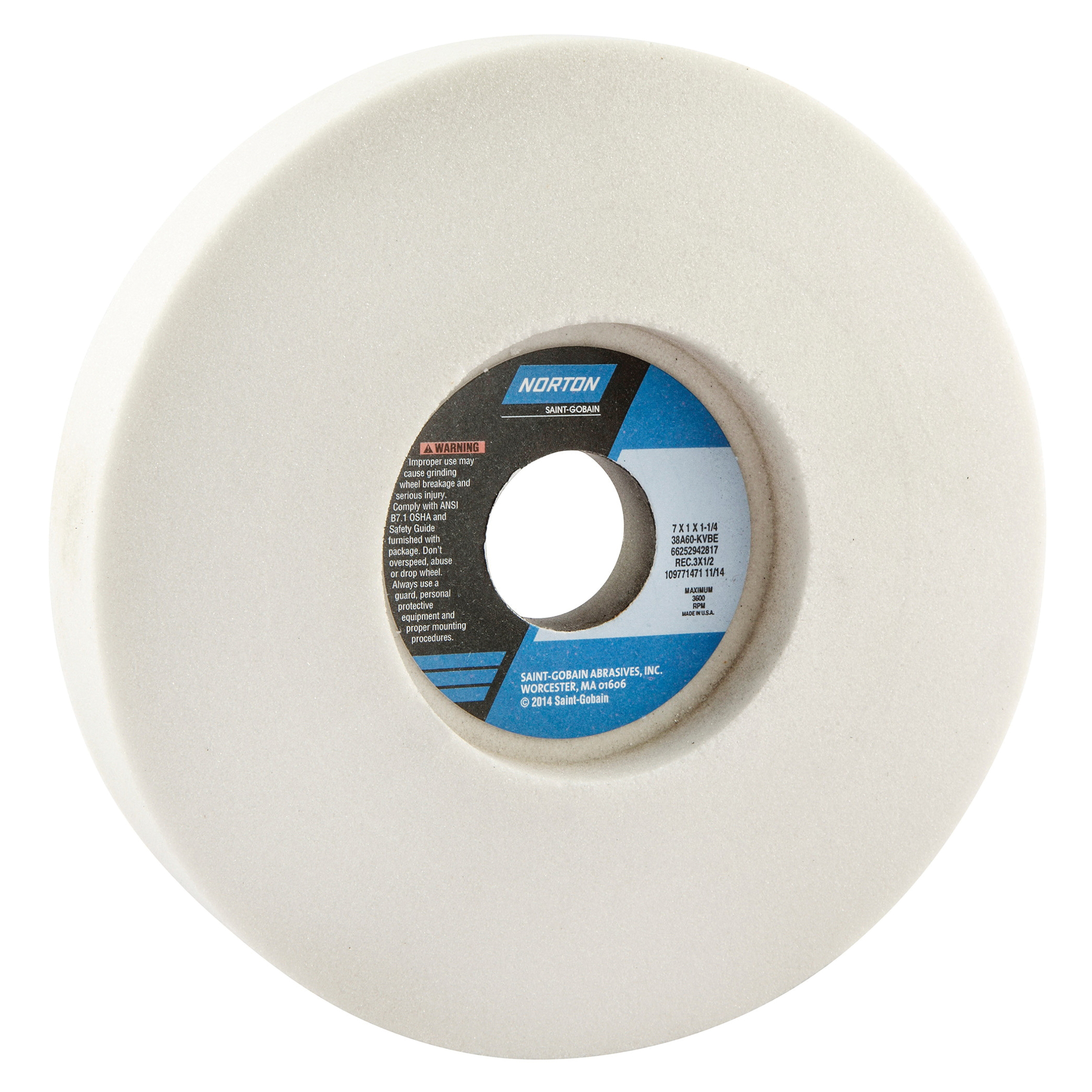 Norton® 66252942817 38A 1-Side Recessed Toolroom Wheel, 7 in Dia x 1 in THK, 1-1/4 in Center Hole, 60 Grit, Aluminum Oxide Abrasive