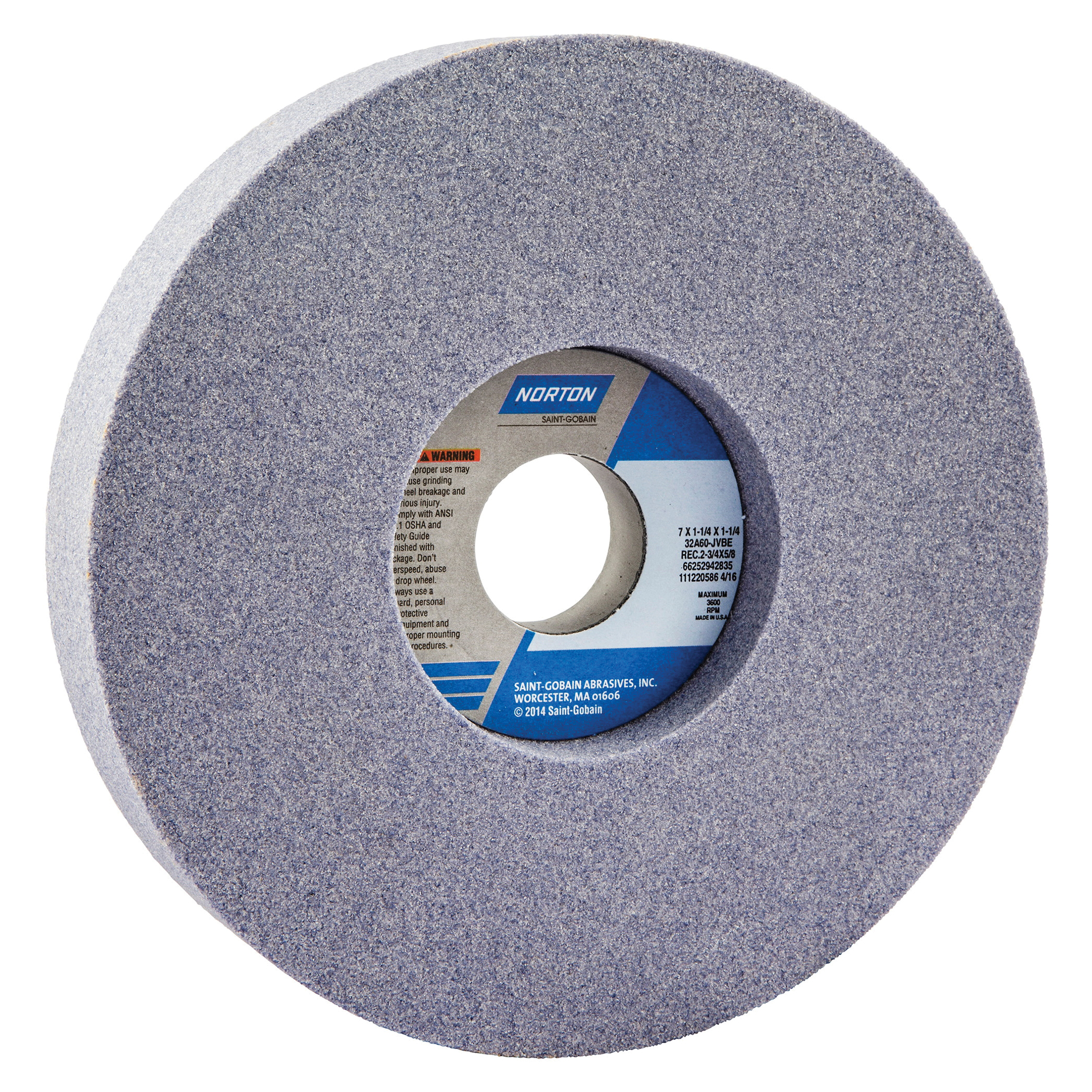 Norton® 66252942835 32A 1-Side Recessed Toolroom Wheel, 7 in Dia x 1-1/4 in THK, 1-1/4 in Center Hole, 60 Grit, Aluminum Oxide Abrasive