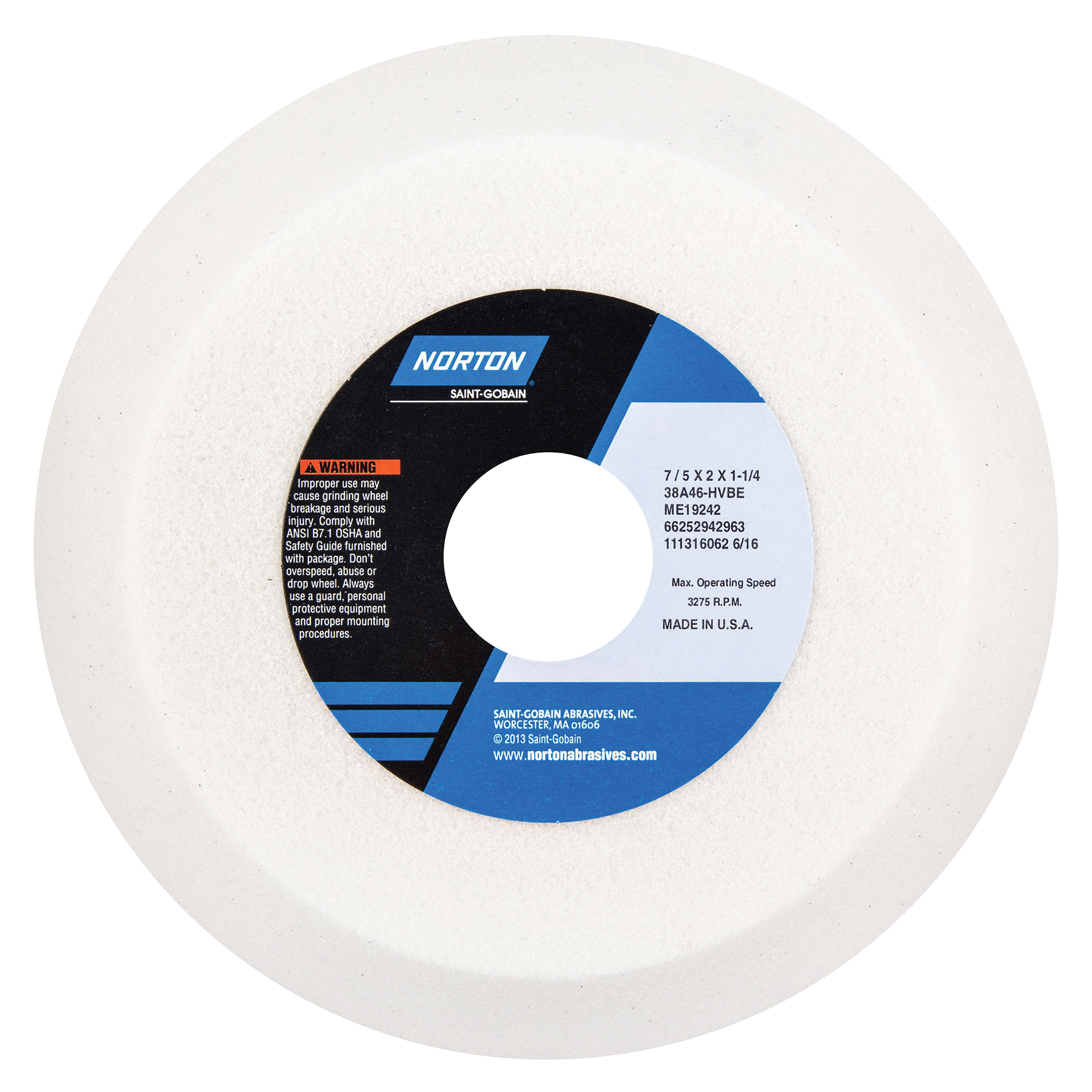 Norton® 66252942963 38A Flaring Cup Toolroom Wheel, 7 in Dia x 2 in THK, 1-1/4 in Center Hole, 46 Grit, Aluminum Oxide Abrasive