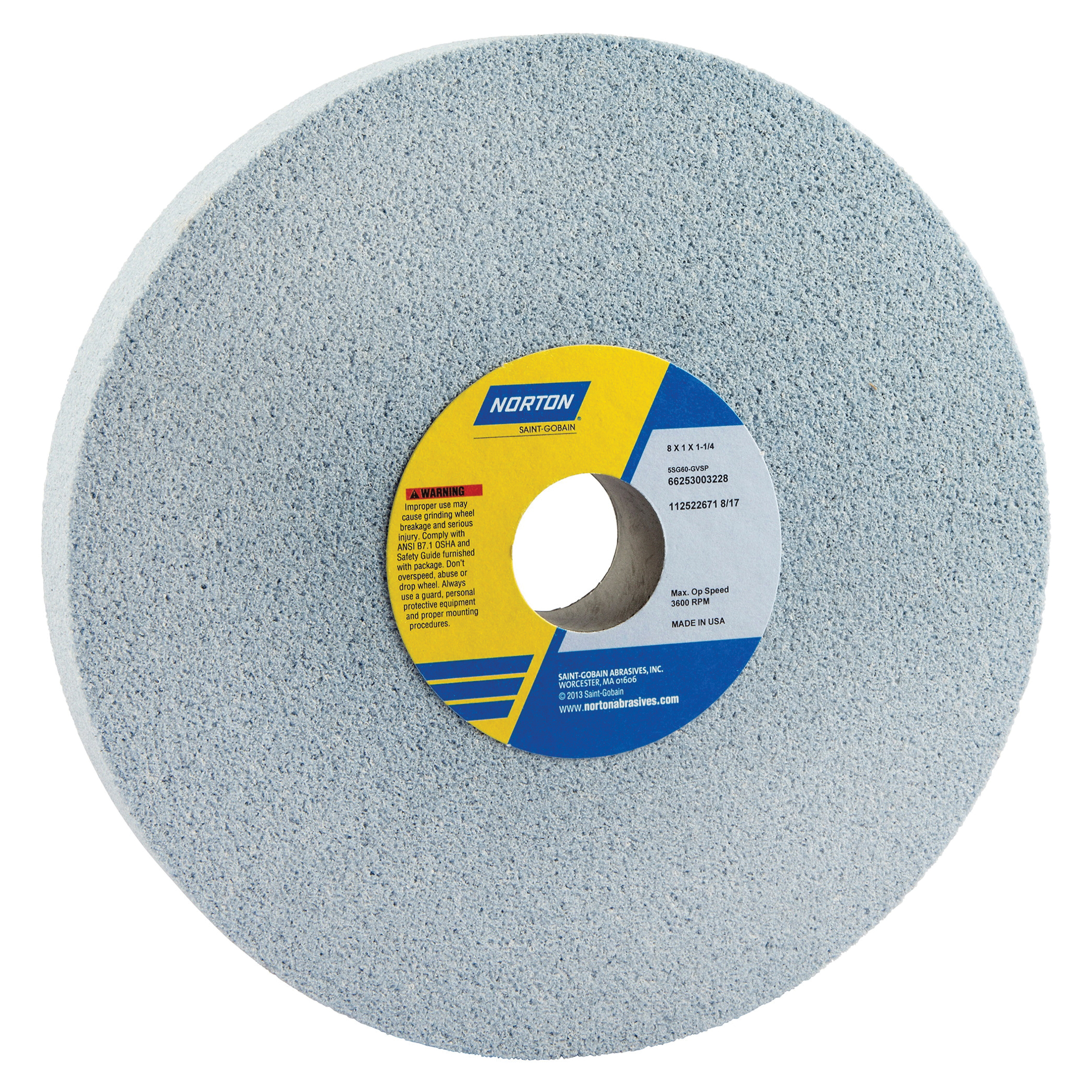 Norton® 66253003228 5SG Straight Toolroom Wheel, 8 in Dia x 1 in THK, 1-1/4 in Center Hole, 60 Grit, Ceramic Alumina/Friable Aluminum Oxide Abrasive
