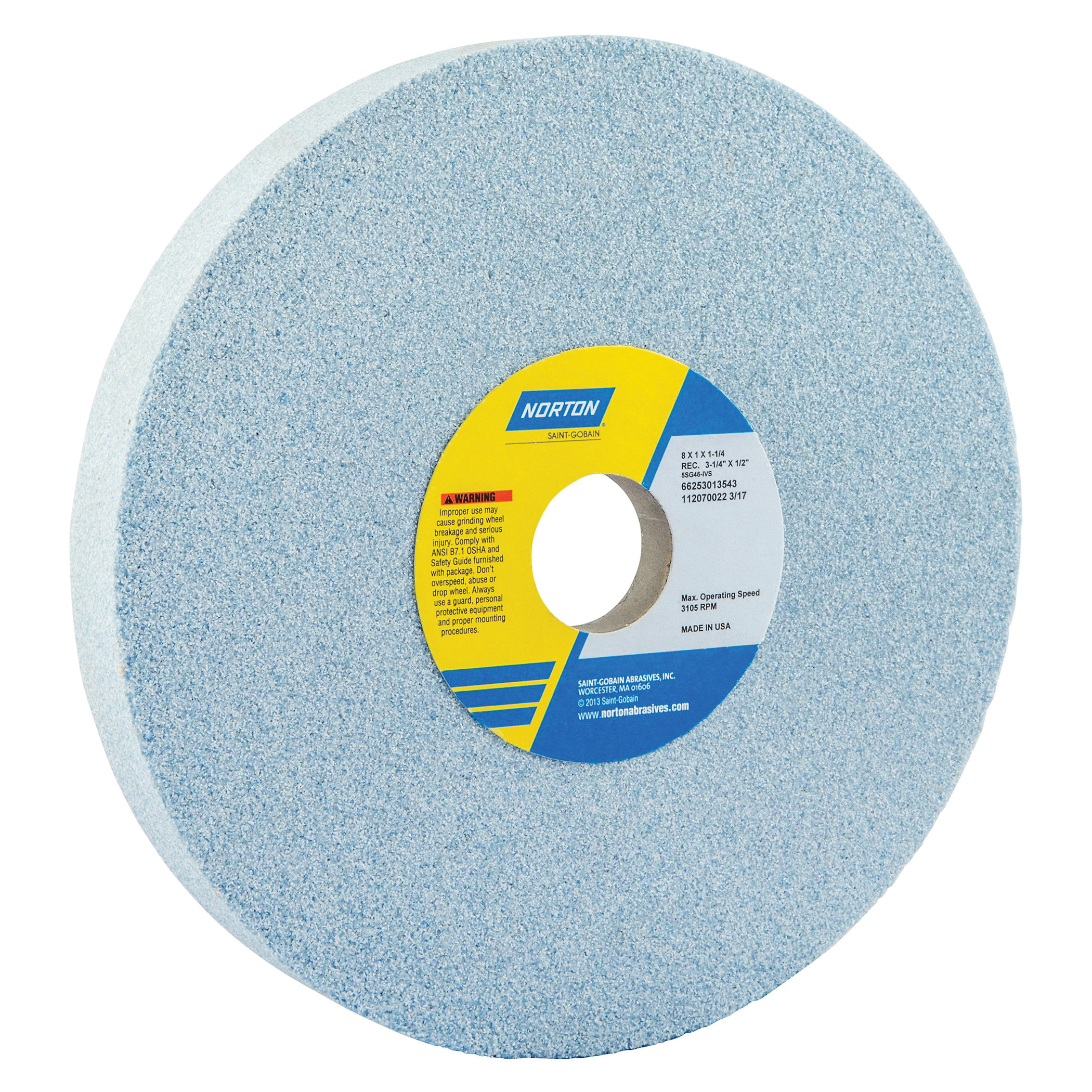 Norton® 66253003301 5SG 1-Side Recessed Toolroom Wheel, 8 in Dia x 1 in THK, 1-1/4 in Center Hole, 46 Grit, Ceramic Alumina/Friable Aluminum Oxide Abrasive