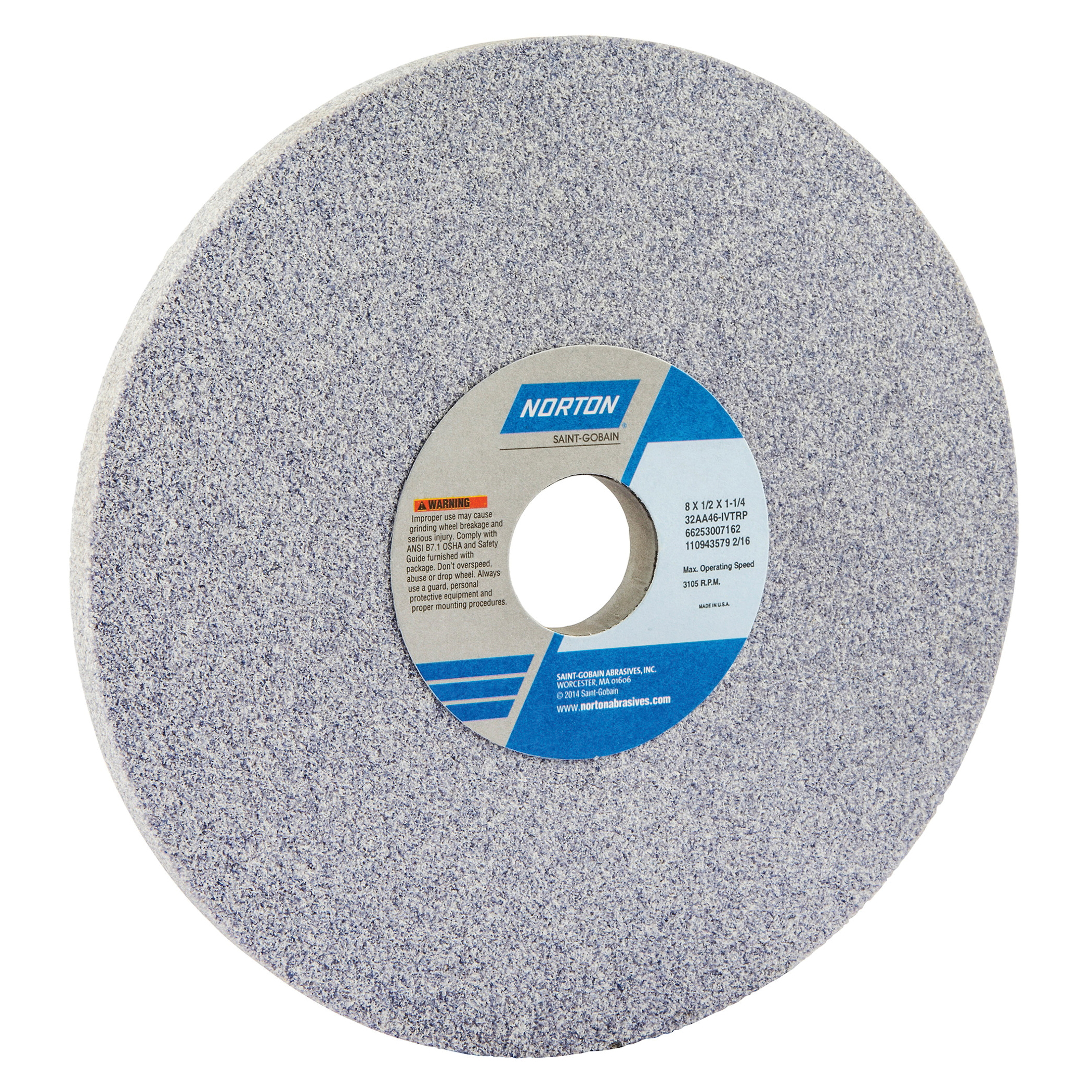 Norton® 66253007165 32AA Straight Toolroom Wheel, 8 in Dia x 1/2 in THK, 1-1/4 in Center Hole, 60 Grit, Aluminum Oxide Abrasive