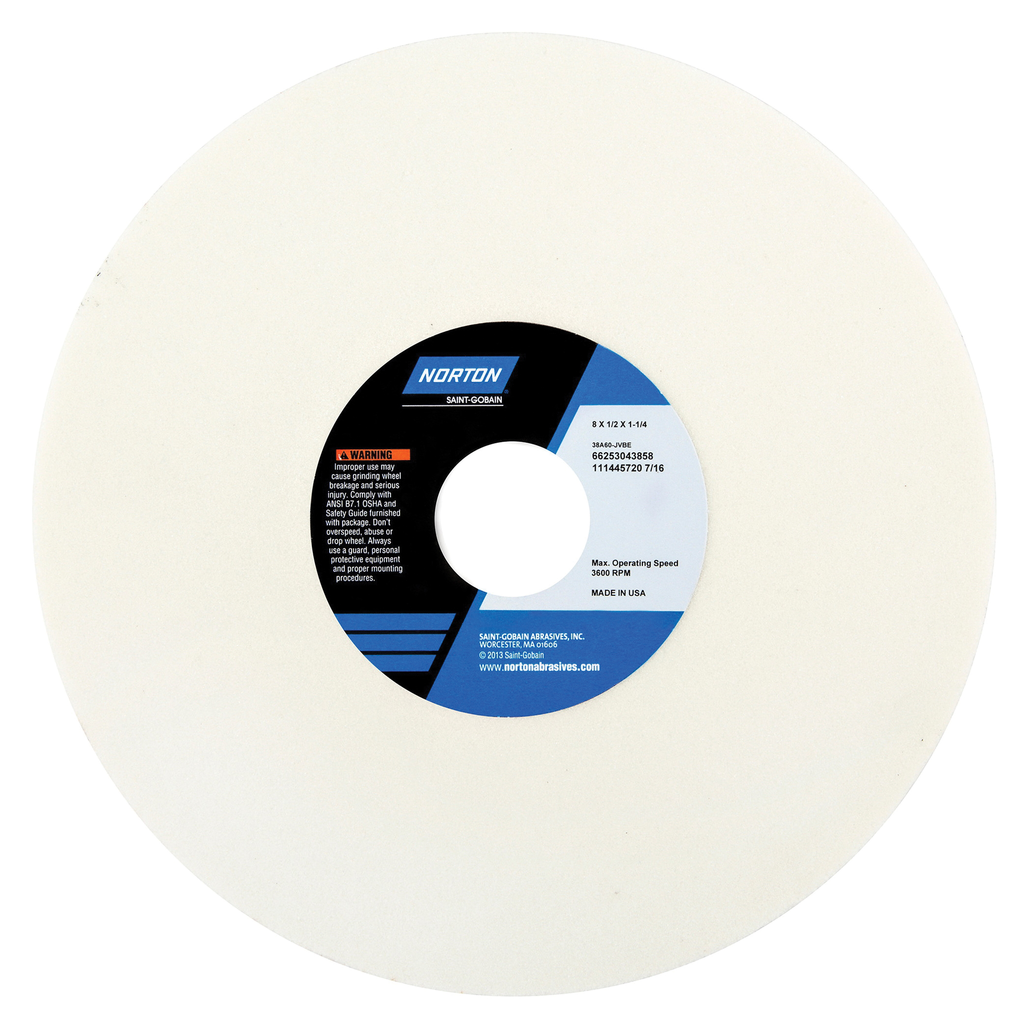 Norton® 66253013787 38A Straight Toolroom Wheel, 8 in Dia x 1/2 in THK, 1-1/4 in Center Hole, 80 Grit, Aluminum Oxide Abrasive