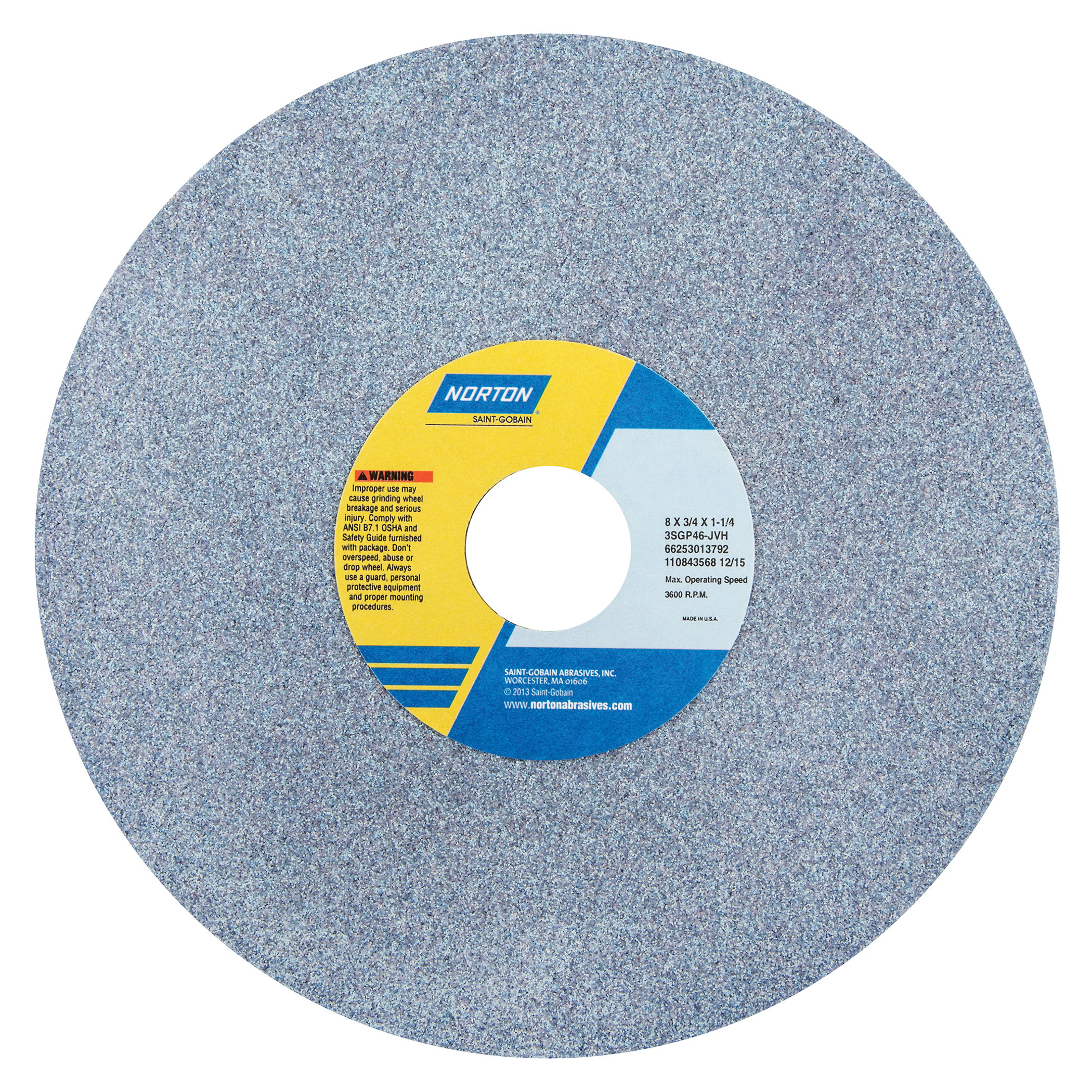 Norton® 66253013792 3SGP Straight Toolroom Wheel, 8 in Dia x 3/4 in THK, 1-1/4 in Center Hole, 46 Grit, Ceramic Alumina/Friable Aluminum Oxide Abrasive