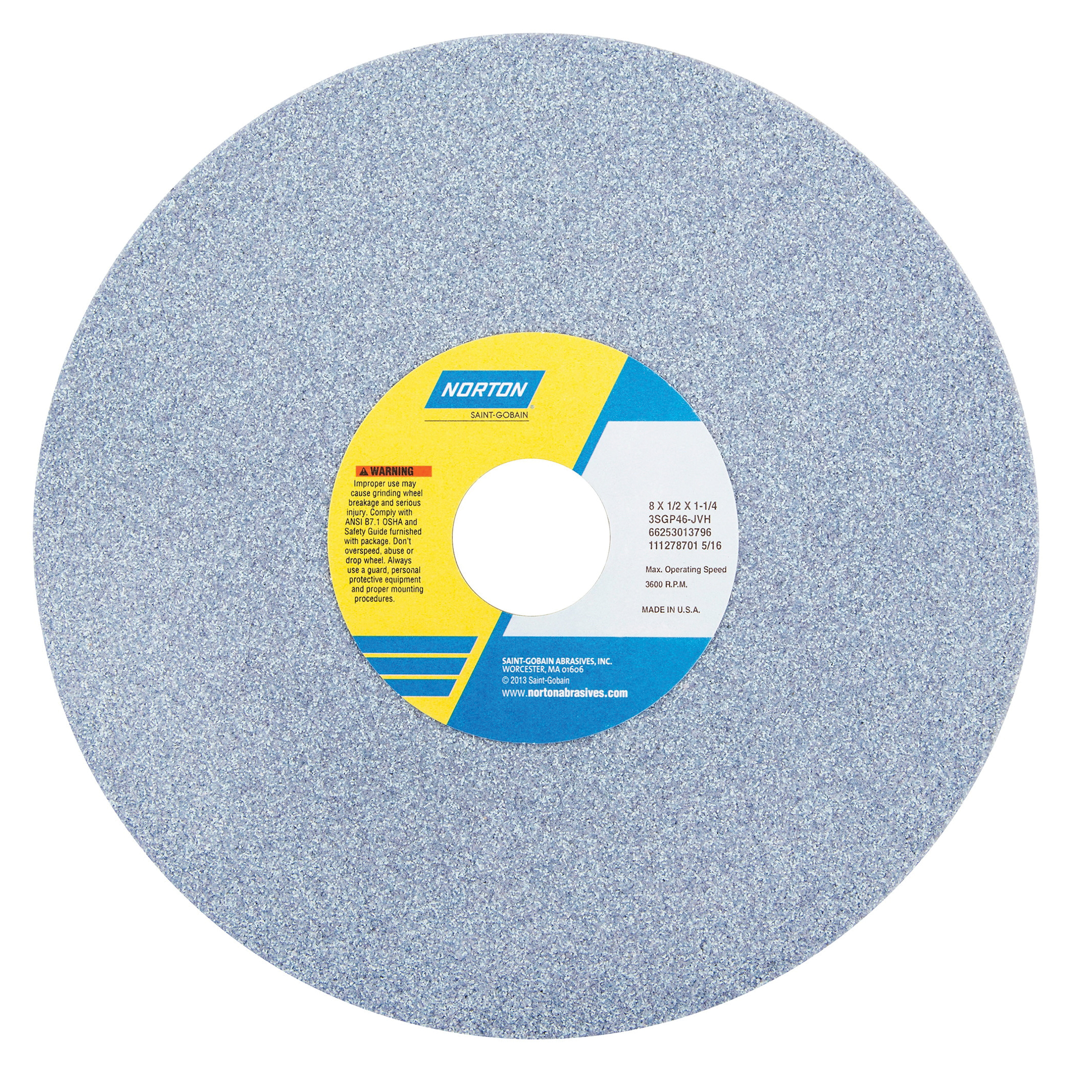 Norton® 66253013796 3SGP Straight Toolroom Wheel, 8 in Dia x 1/2 in THK, 1-1/4 in Center Hole, 46 Grit, Ceramic Alumina/Friable Aluminum Oxide Abrasive