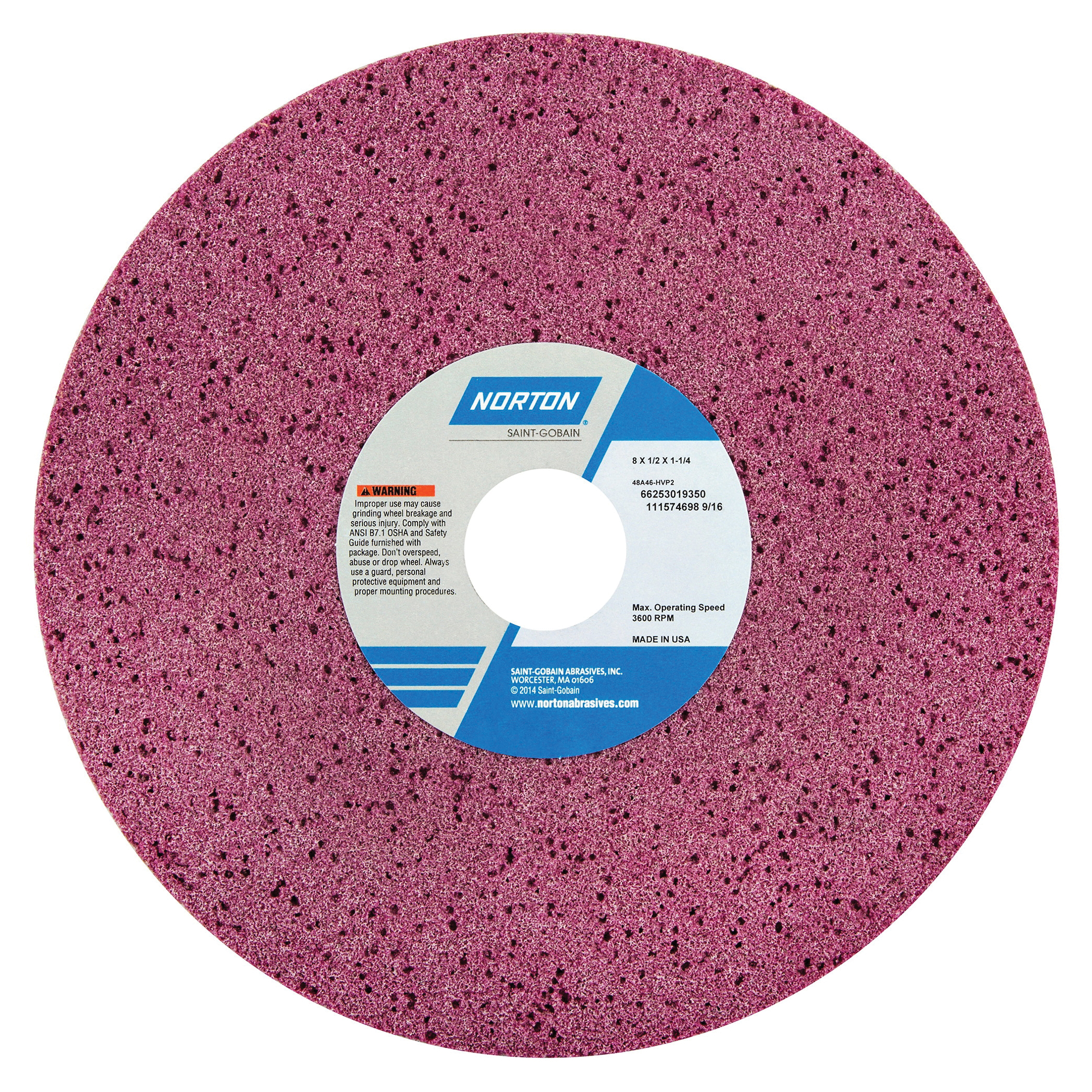 Norton® 66253019350 48A Straight Toolroom Wheel, 8 in Dia x 1/2 in THK, 1-1/4 in Center Hole, 46 Grit, Aluminum Oxide Abrasive