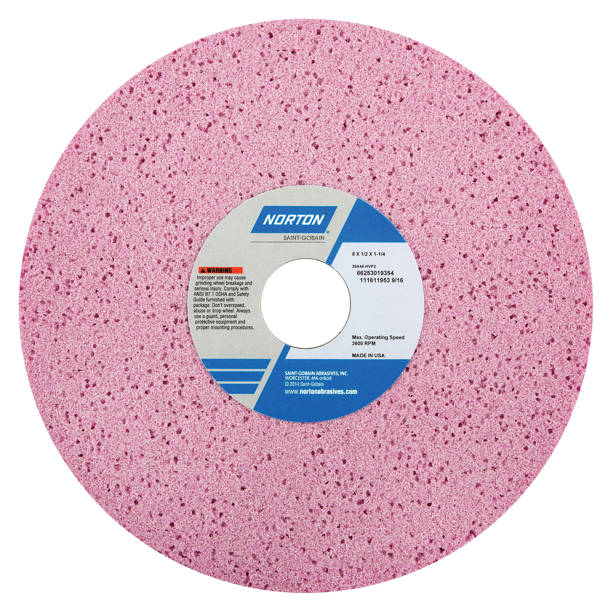 Norton® 66253019354 25A Straight Toolroom Wheel, 8 in Dia x 1/2 in THK, 1-1/4 in Center Hole, 46 Grit, Aluminum Oxide Abrasive