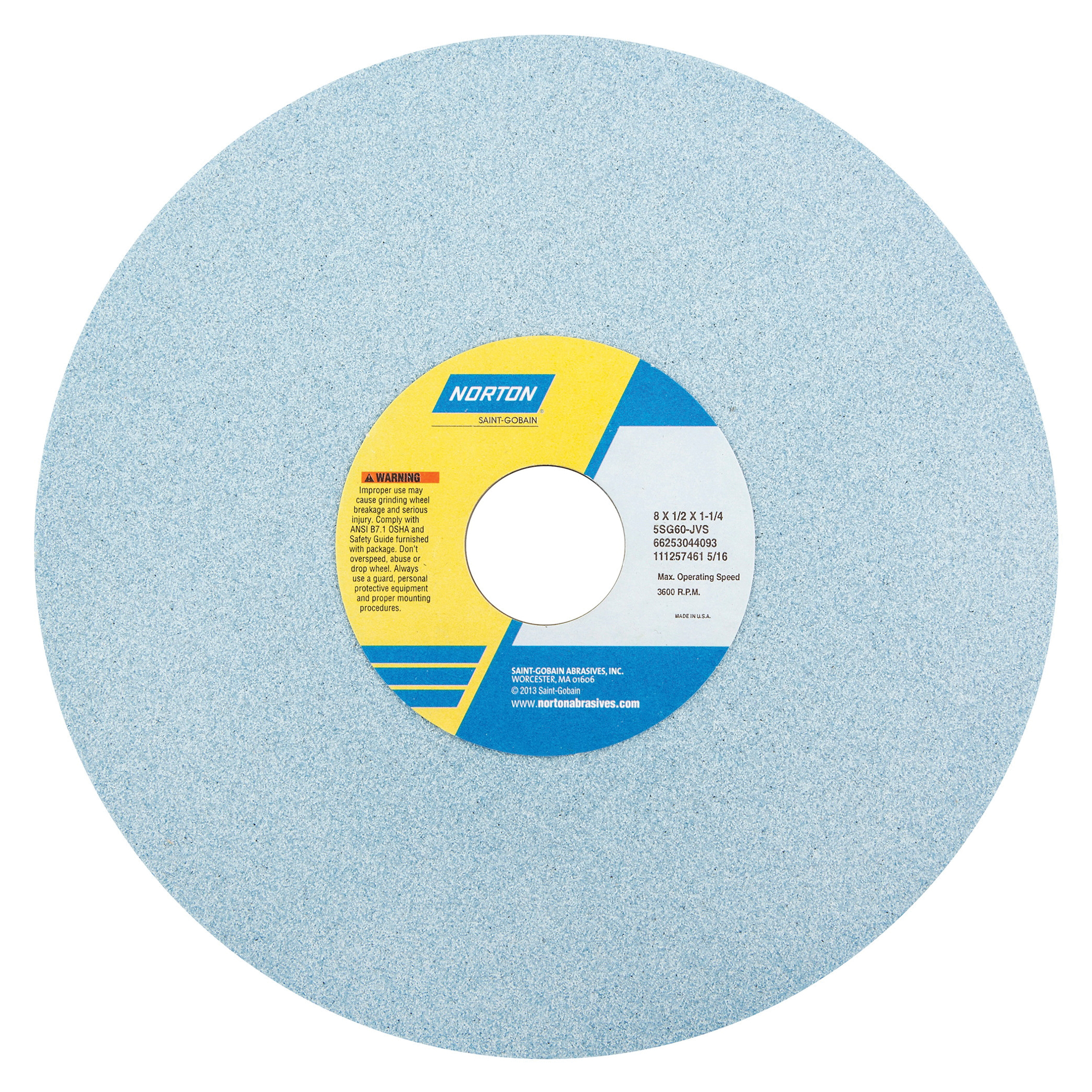 Norton® 66253019435 5SG Straight Toolroom Wheel, 8 in Dia x 1/2 in THK, 1-1/4 in Center Hole, 100 Grit, Ceramic Alumina/Friable Aluminum Oxide Abrasive