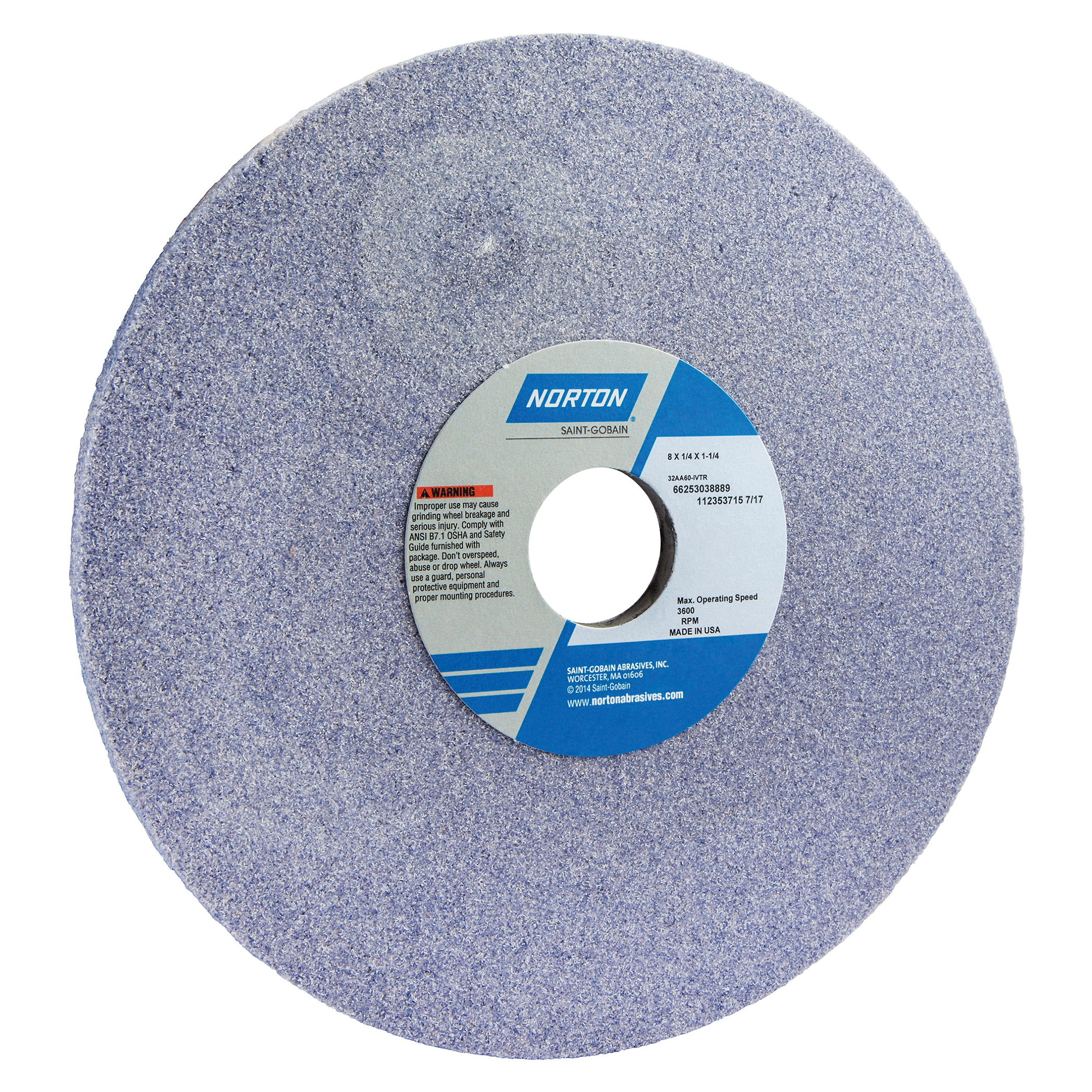 Norton® 66253038889 32AA Straight Toolroom Wheel, 8 in Dia x 1/4 in THK, 1-1/4 in Center Hole, 60 Grit, Aluminum Oxide Abrasive