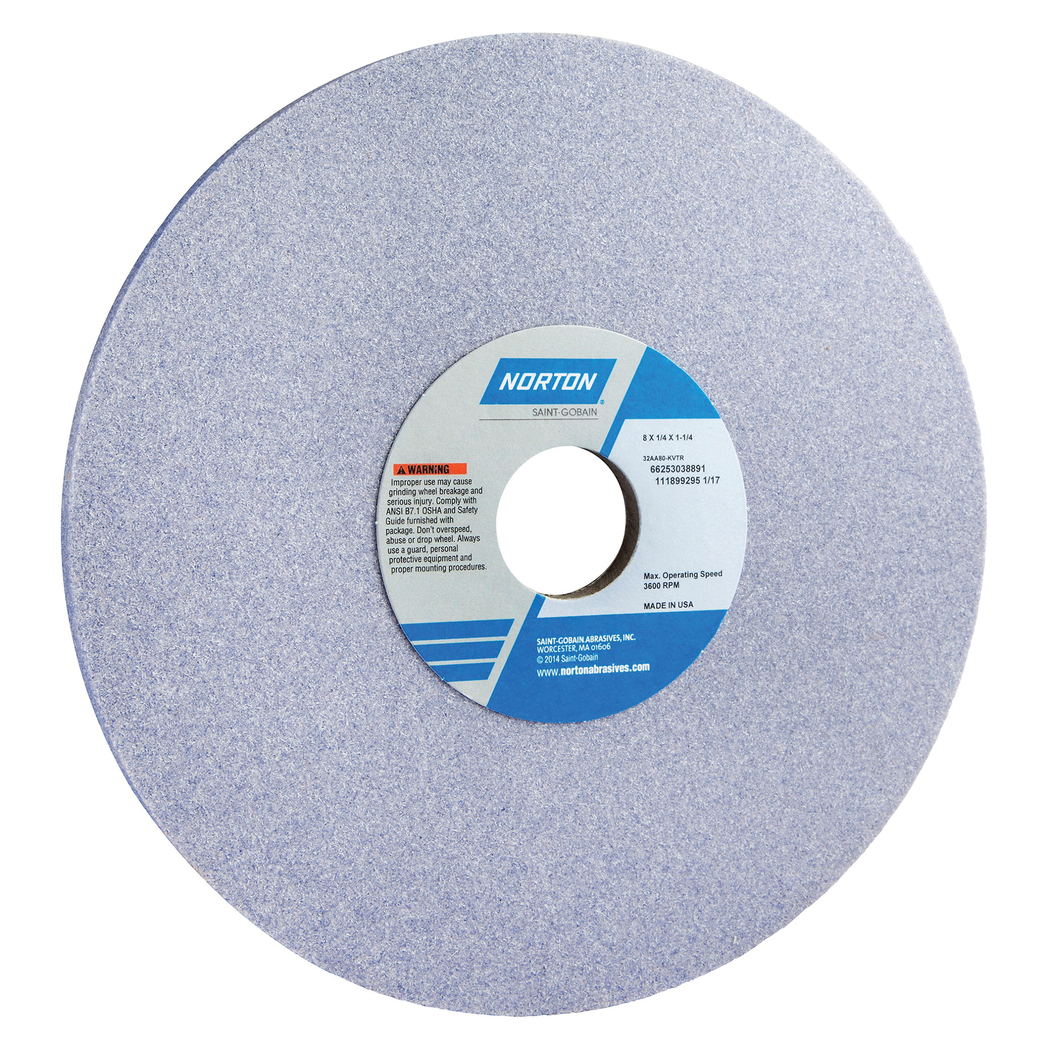 Norton® 66253038891 32AA Straight Toolroom Wheel, 8 in Dia x 1/4 in THK, 1-1/4 in Center Hole, 80 Grit, Aluminum Oxide Abrasive
