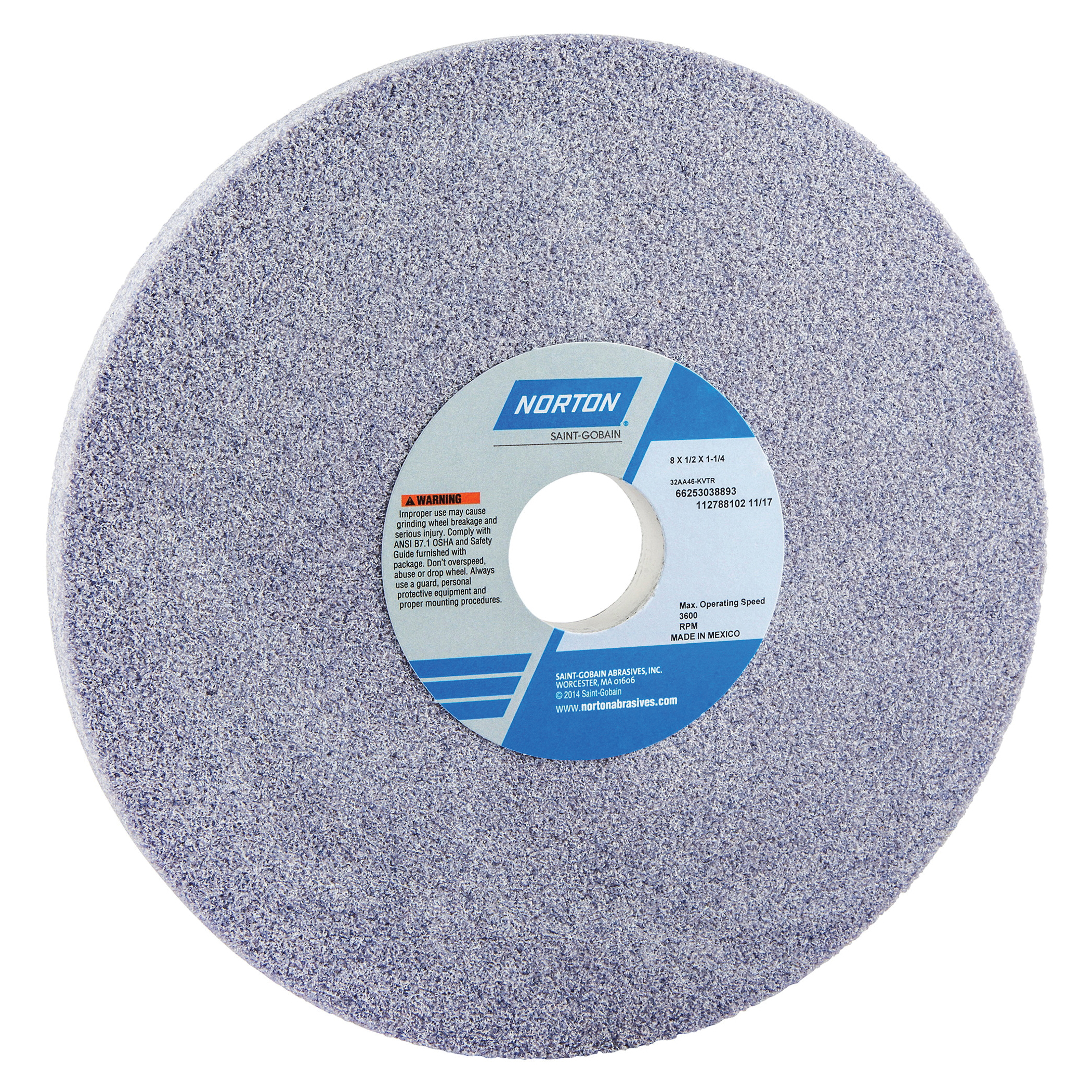 Norton® 66253038893 32AA Straight Toolroom Wheel, 8 in Dia x 1/2 in THK, 1-1/4 in Center Hole, 46 Grit, Aluminum Oxide Abrasive