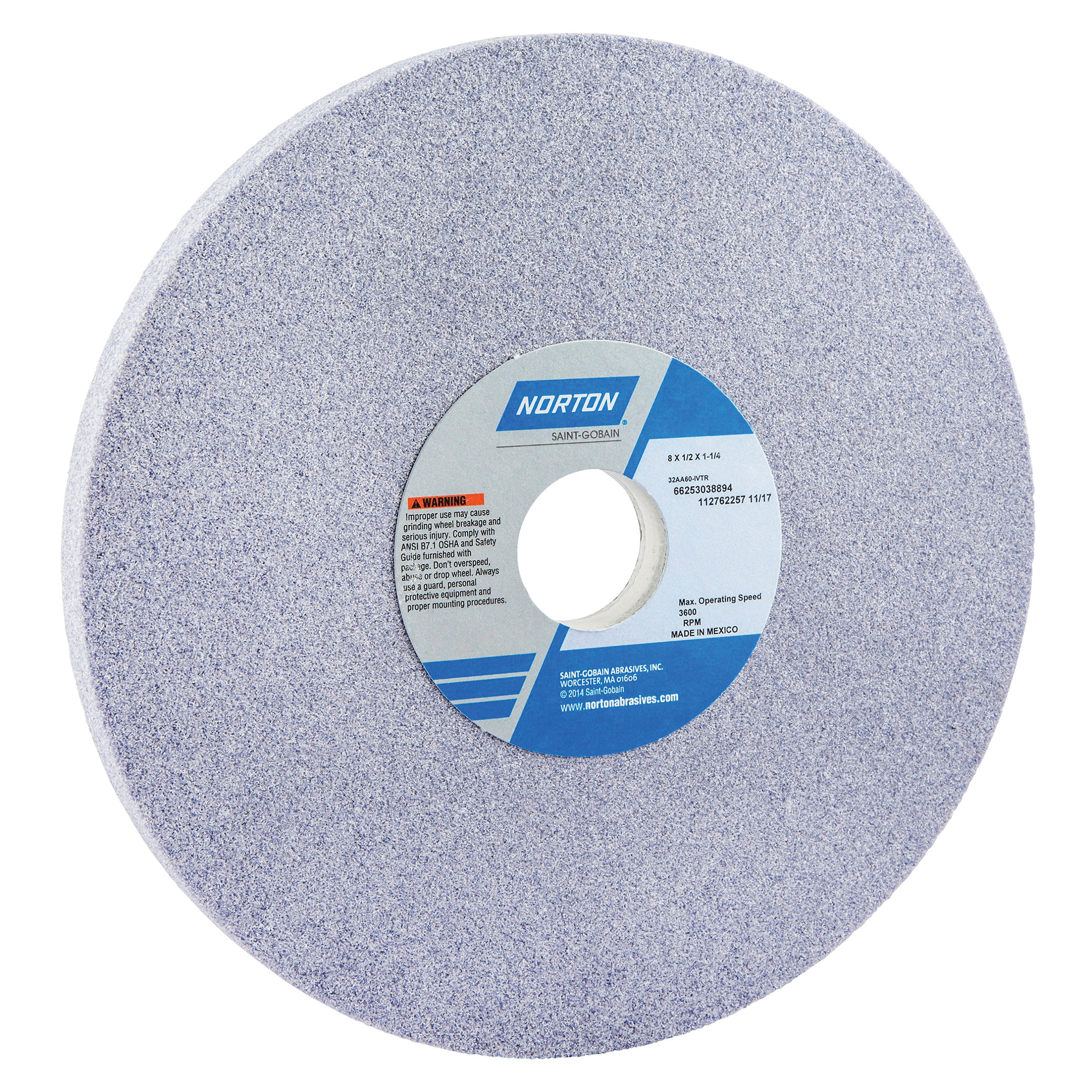 Norton® 66253038894 32AA Straight Toolroom Wheel, 8 in Dia x 1/2 in THK, 1-1/4 in Center Hole, 60 Grit, Aluminum Oxide Abrasive