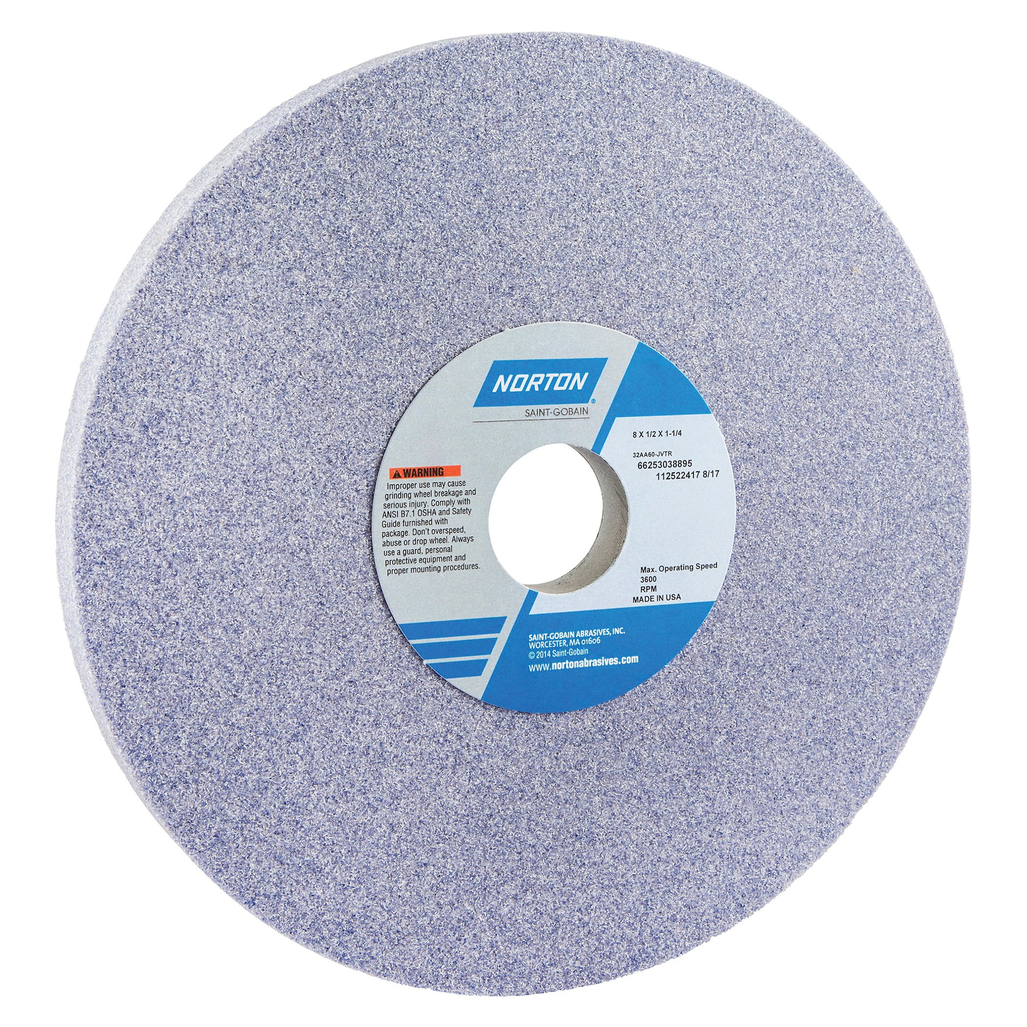 Norton® 66253038895 32AA Straight Toolroom Wheel, 8 in Dia x 1/2 in THK, 1-1/4 in Center Hole, 60 Grit, Aluminum Oxide Abrasive