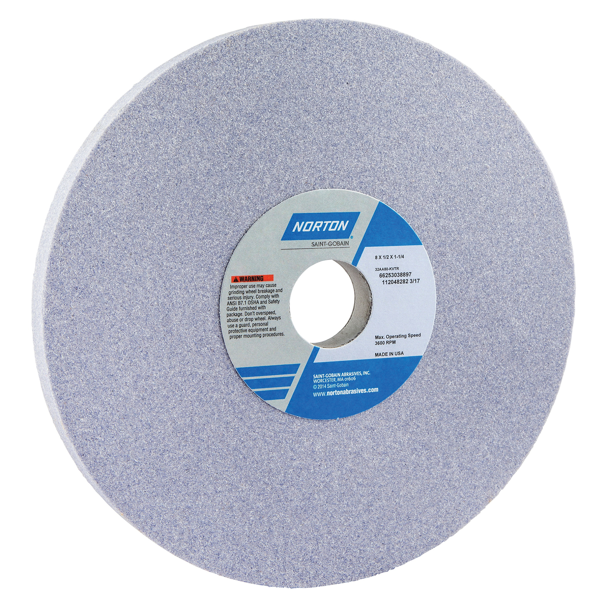 Norton® 66253038897 32AA Straight Toolroom Wheel, 8 in Dia x 1/2 in THK, 1-1/4 in Center Hole, 80 Grit, Aluminum Oxide Abrasive