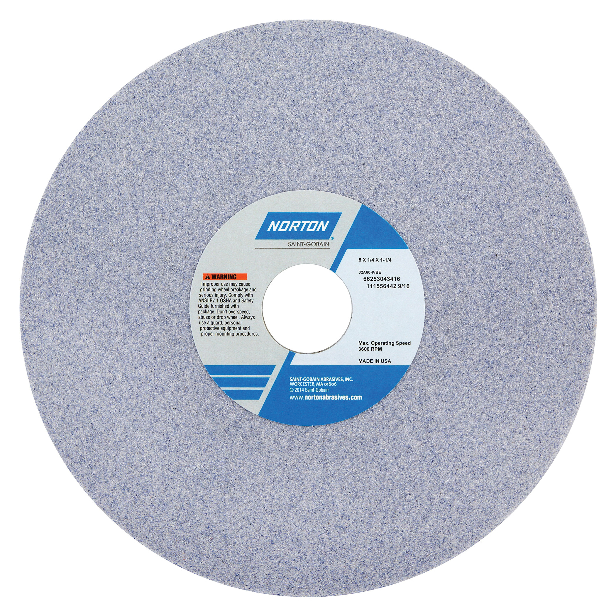 Norton® 66253043310 32A Straight Toolroom Wheel, 8 in Dia x 1/4 in THK, 1-1/4 in Center Hole, 46 Grit, Aluminum Oxide Abrasive