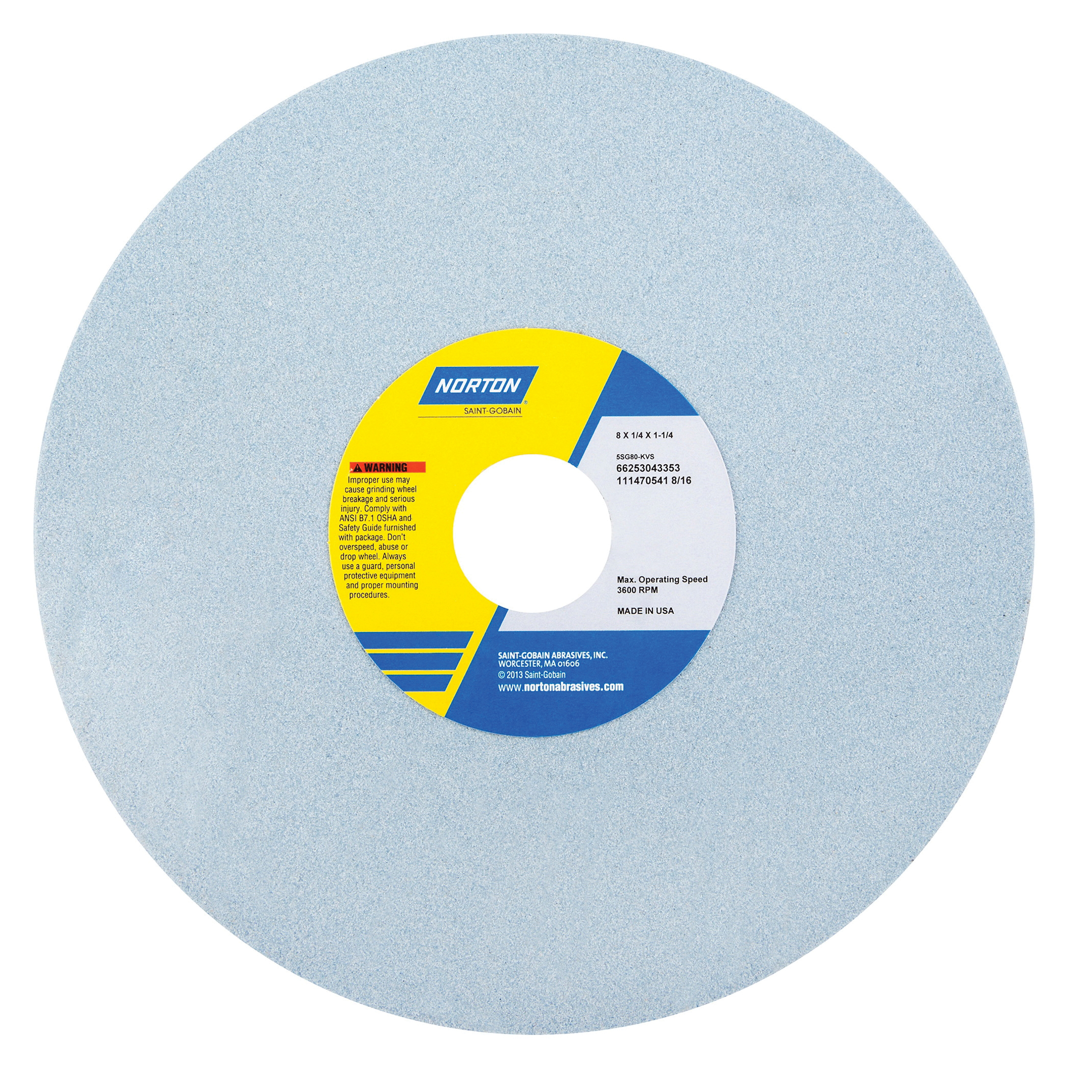 Norton® 66253043353 5SG Straight Toolroom Wheel, 8 in Dia x 1/4 in THK, 1-1/4 in Center Hole, 80 Grit, Ceramic Alumina/Friable Aluminum Oxide Abrasive