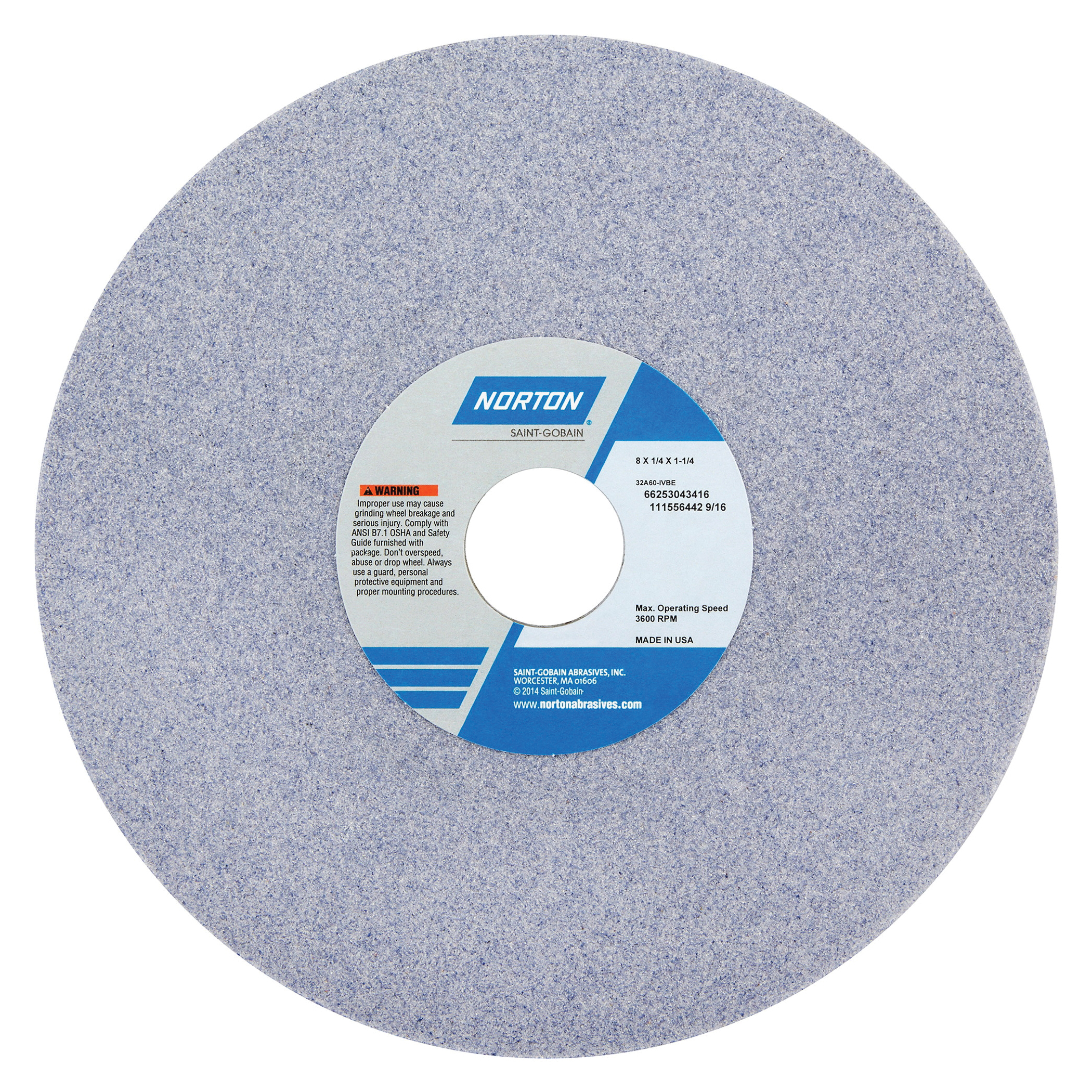 Norton® 66253043412 32A Straight Toolroom Wheel, 8 in Dia x 1/4 in THK, 1-1/4 in Center Hole, 46 Grit, Aluminum Oxide Abrasive