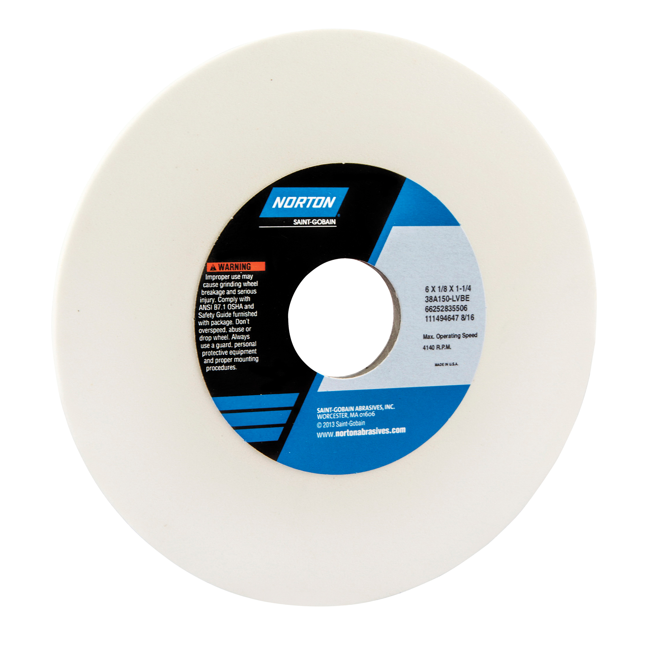 Norton® 66253043450 38A Straight Toolroom Grinding Wheel, 8 in Dia x 1/4 in THK, 1-1/4 in Center Hole, 120 Grit, Aluminum Oxide Abrasive