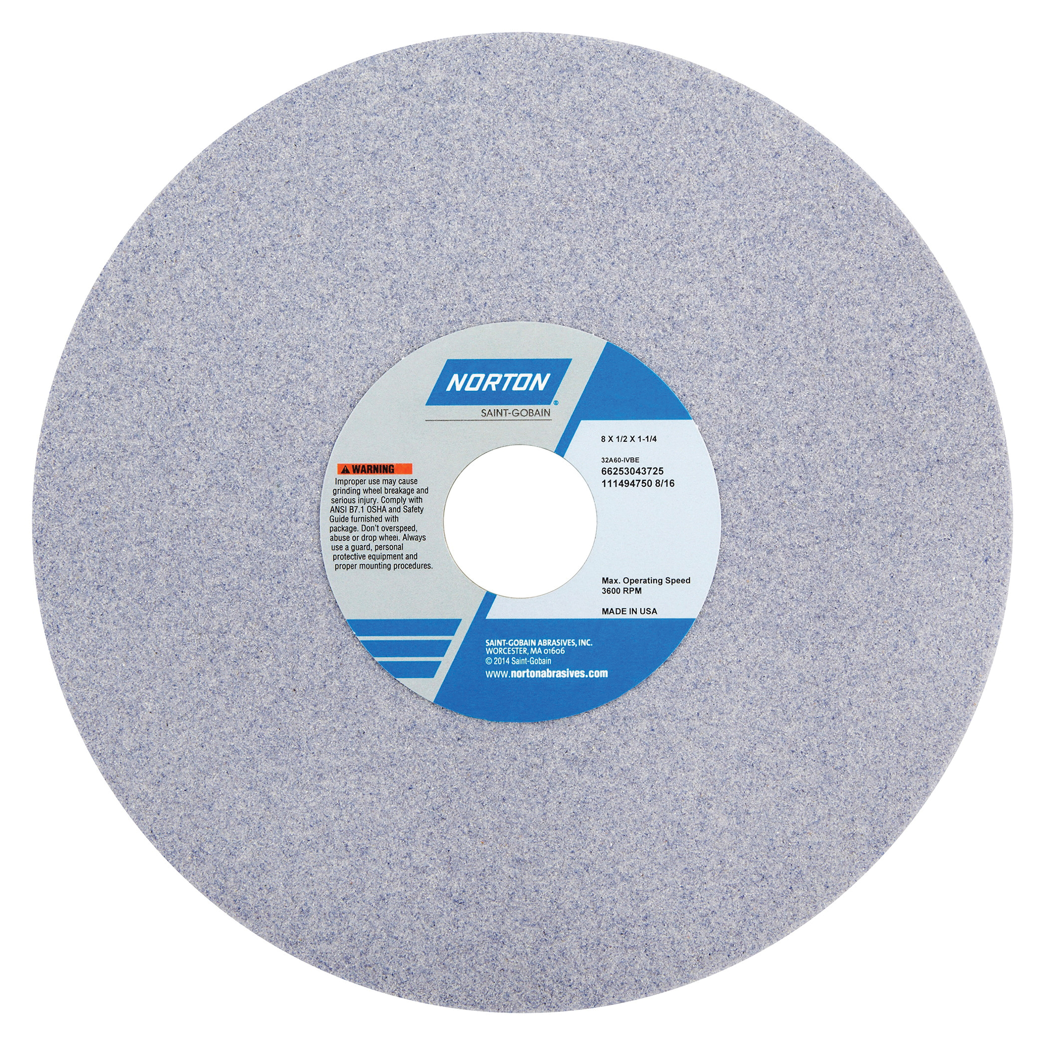 Norton® 66253043712 32A Straight Toolroom Wheel, 8 in Dia x 1/2 in THK, 1-1/4 in Center Hole, 46 Grit, Aluminum Oxide Abrasive