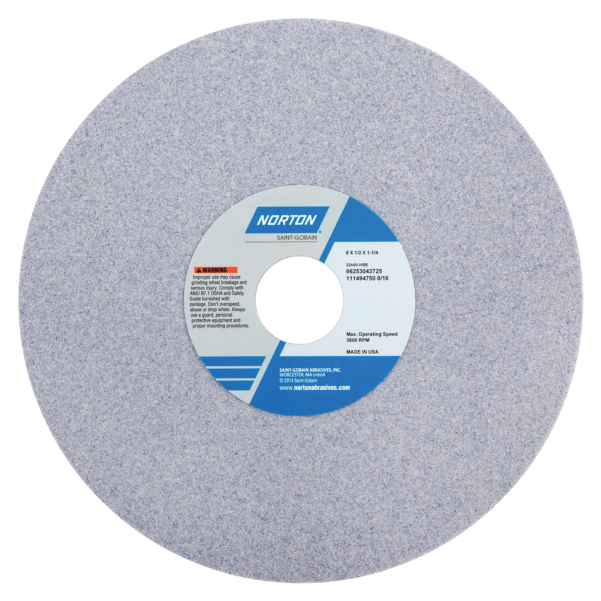 Norton® 66253043716 32A Straight Toolroom Wheel, 8 in Dia x 1/2 in THK, 1-1/4 in Center Hole, 46 Grit, Aluminum Oxide Abrasive