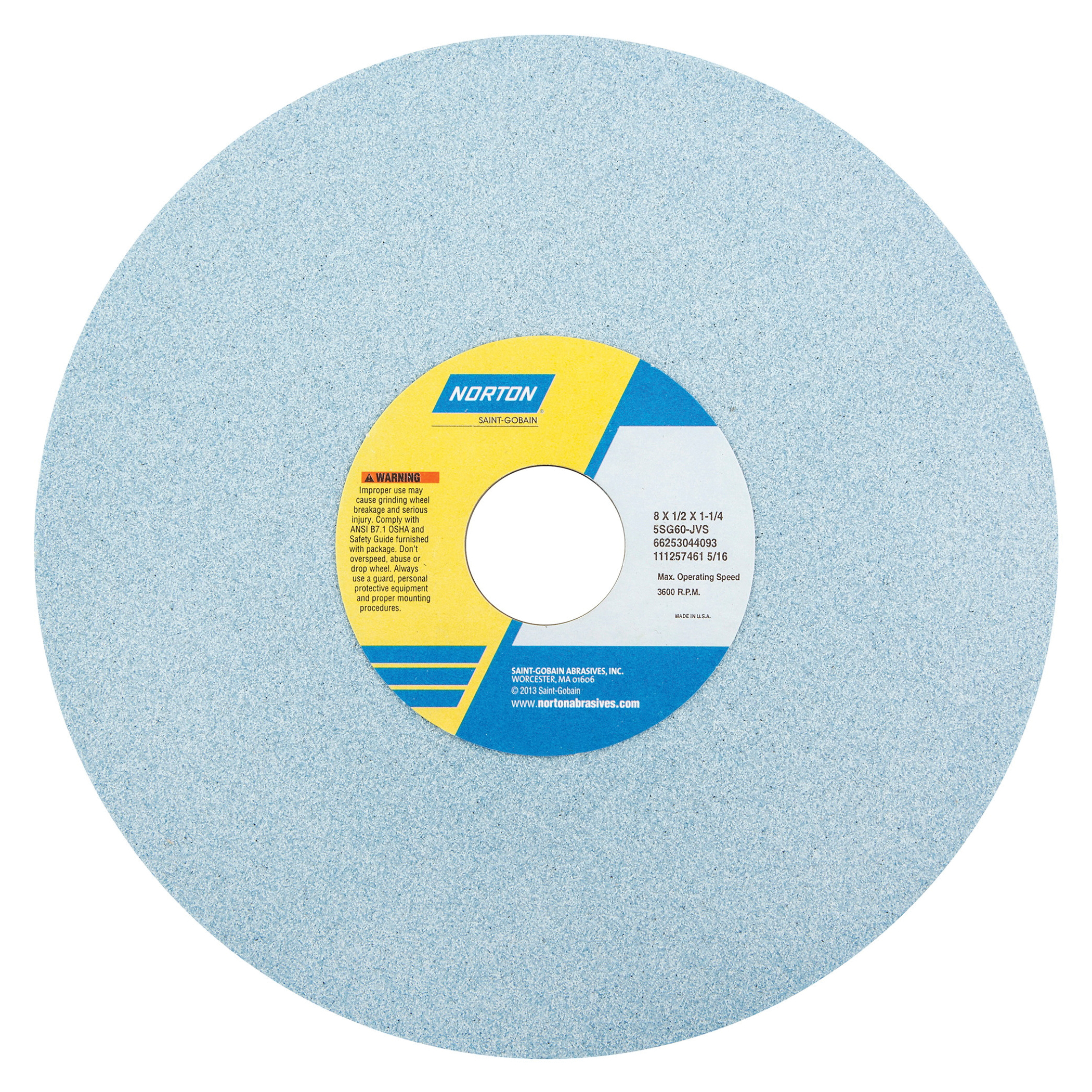 Norton® 66253044097 5SG Straight Toolroom Wheel, 8 in Dia x 1/2 in THK, 1-1/4 in Center Hole, 80 Grit, Ceramic Alumina/Friable Aluminum Oxide Abrasive