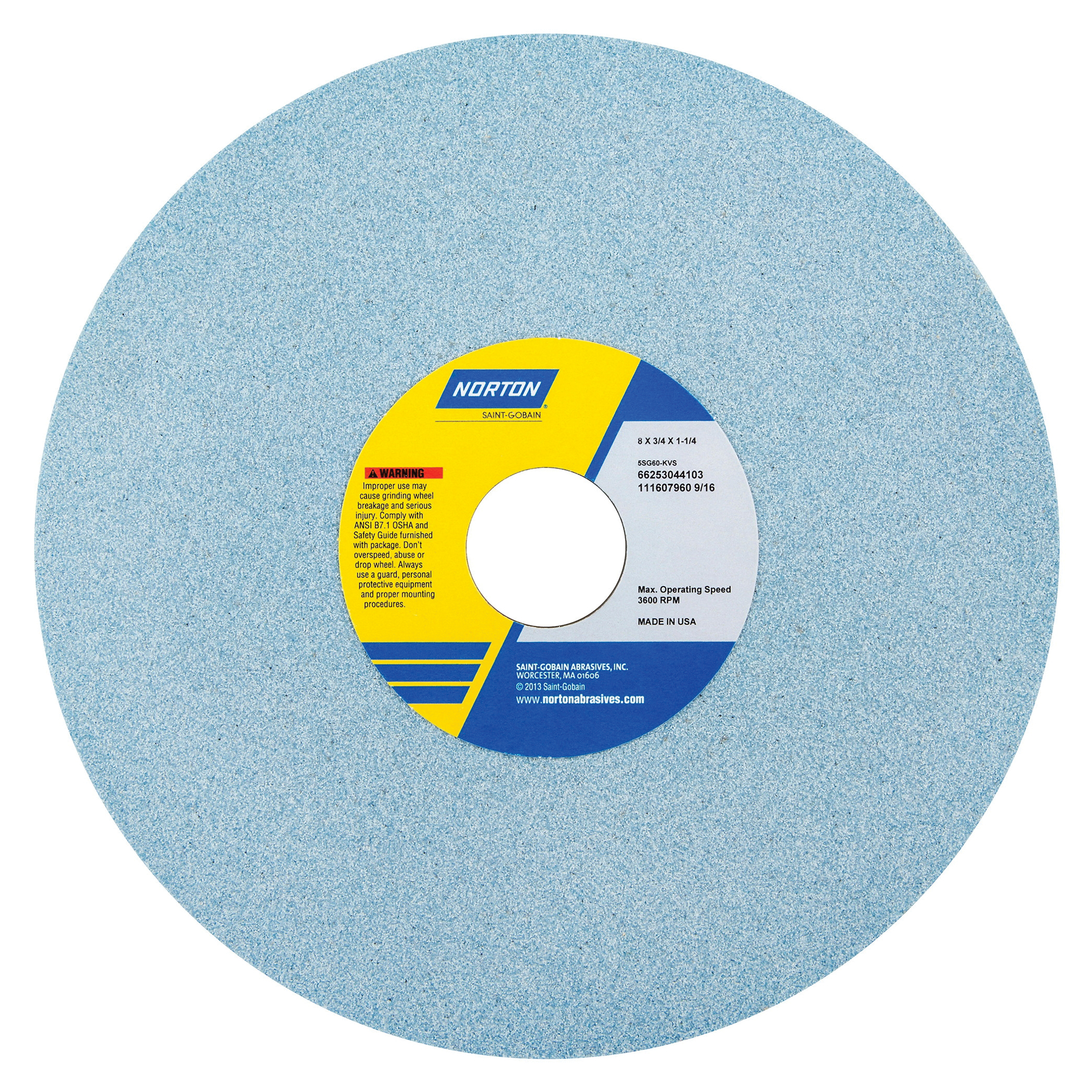Norton® 66253044103 5SG Straight Toolroom Wheel, 8 in Dia x 3/4 in THK, 1-1/4 in Center Hole, 60 Grit, Ceramic Alumina/Friable Aluminum Oxide Abrasive