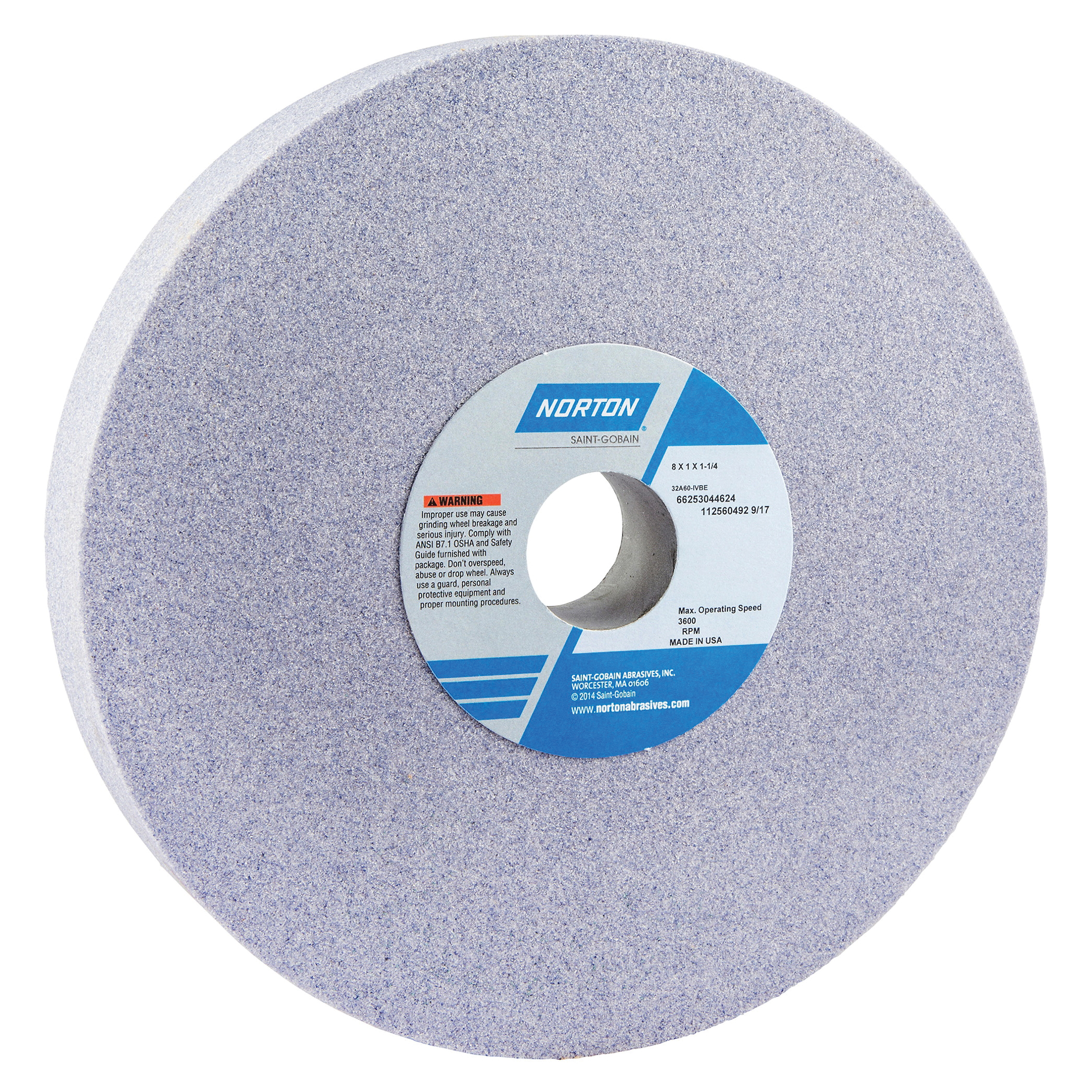 Norton® 66253044624 32A Straight Toolroom Wheel, 8 in Dia x 1 in THK, 1-1/4 in Center Hole, 60 Grit, Aluminum Oxide Abrasive