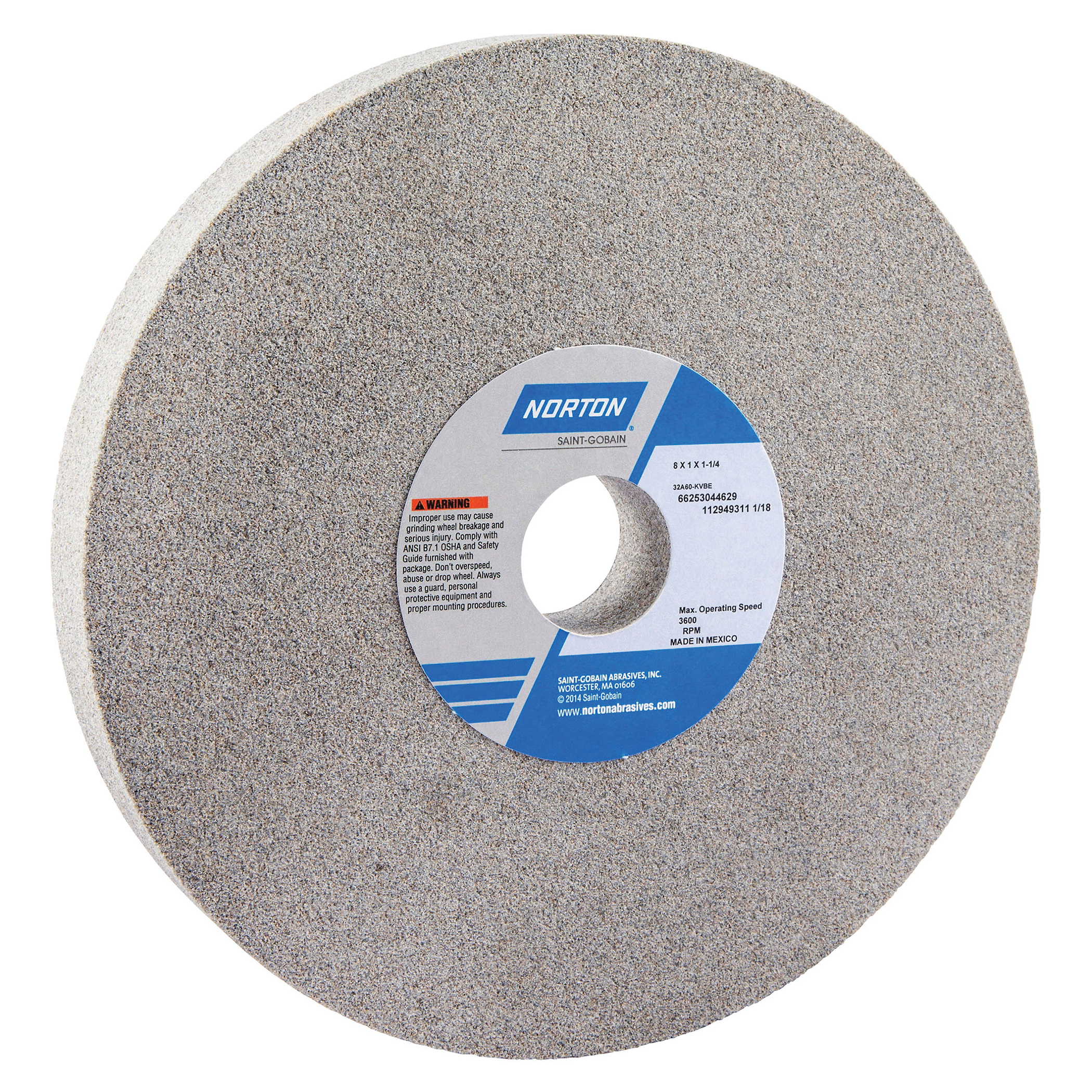 Norton® 66253044629 32A Straight Toolroom Wheel, 8 in Dia x 1 in THK, 1-1/4 in Center Hole, 60 Grit, Aluminum Oxide Abrasive