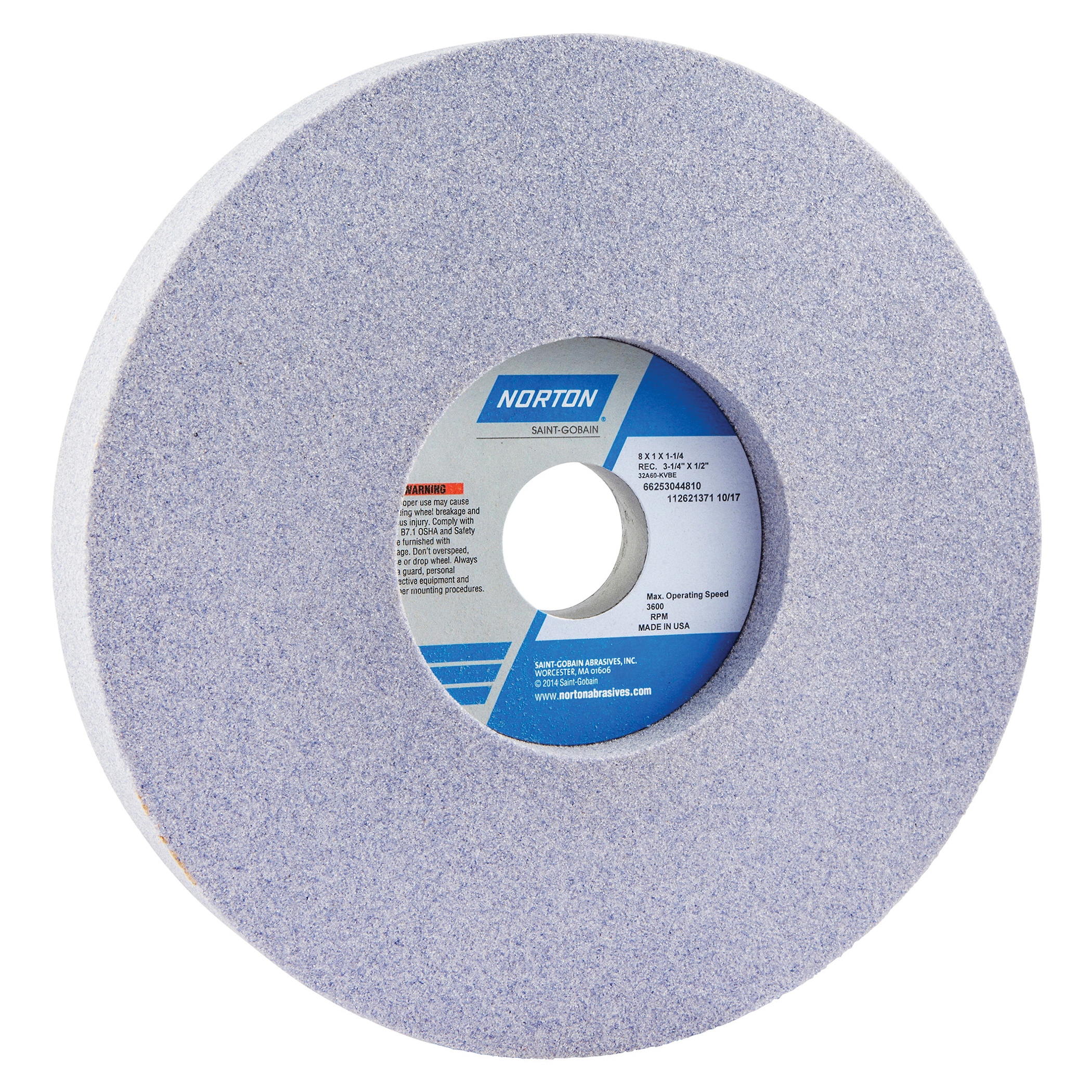 Norton® 66253044810 32A 1-Side Recessed Toolroom Wheel, 8 in Dia x 1 in THK, 1-1/4 in Center Hole, 60 Grit, Aluminum Oxide Abrasive