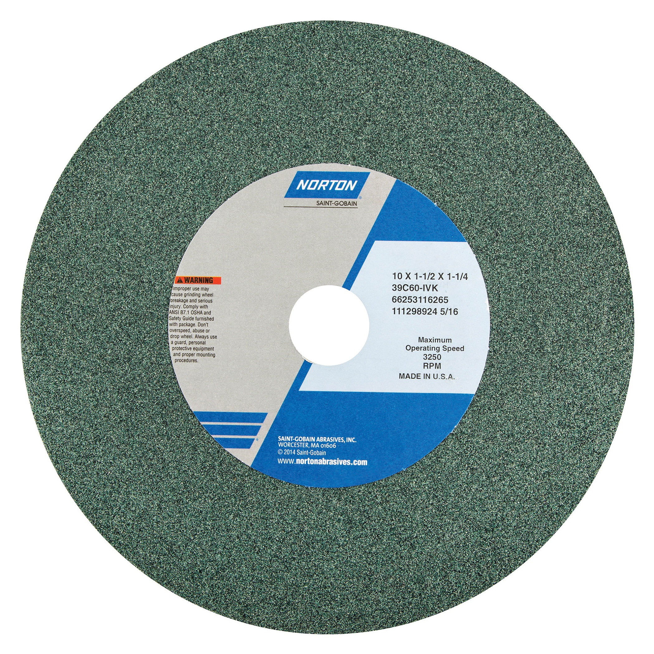 Norton® 66253116265 39C Straight Bench and Pedestal Grinding Wheel, 10 in Dia x 1-1/2 in THK, 1-1/4 in Center Hole, 60 Grit, Silicon Carbide Abrasive