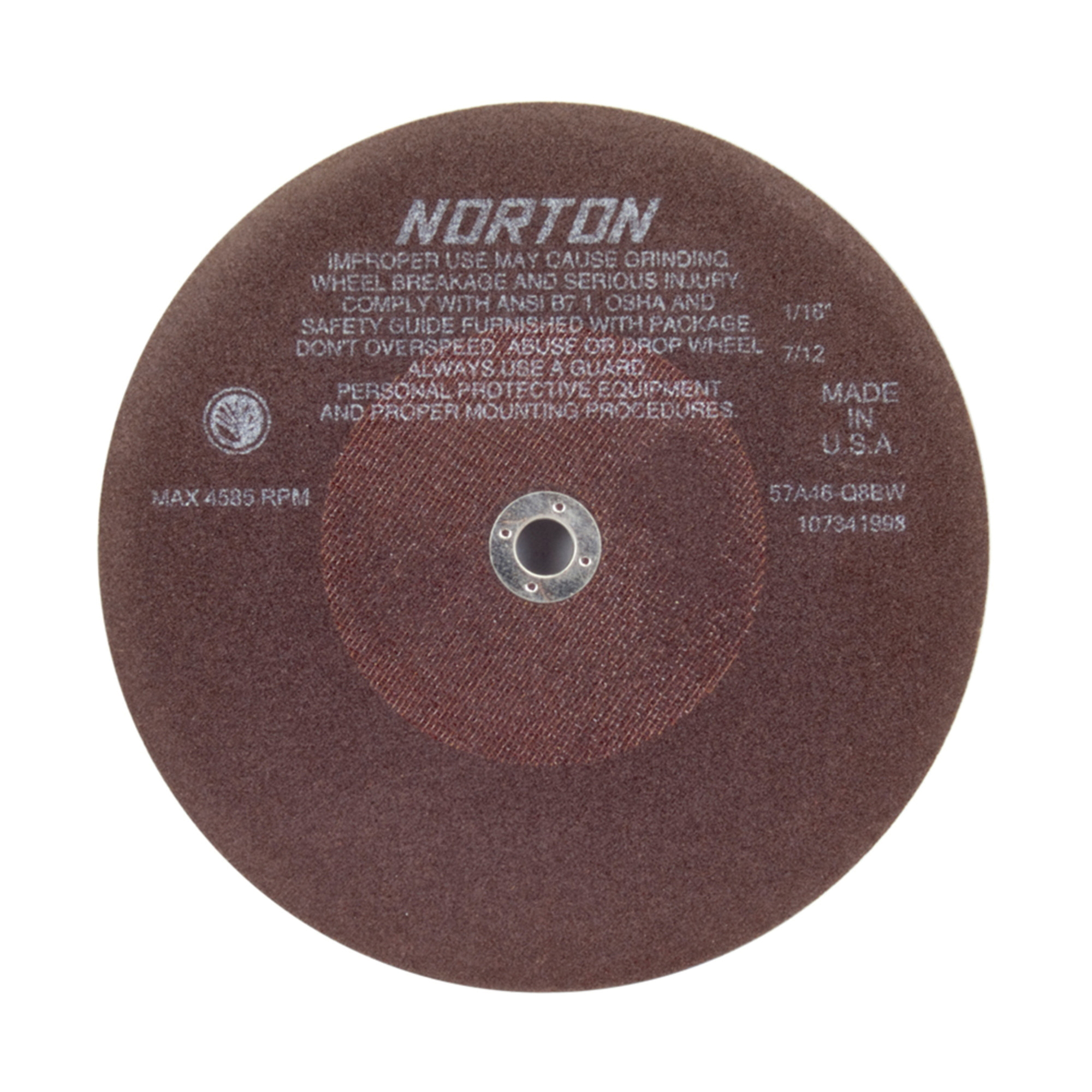 Norton® 66253122816 57A Toolroom Cut-Off Wheel, 10 in Dia x 1/16 in THK, 5/8 in Center Hole, 46 Grit, Aluminum Oxide Abrasive