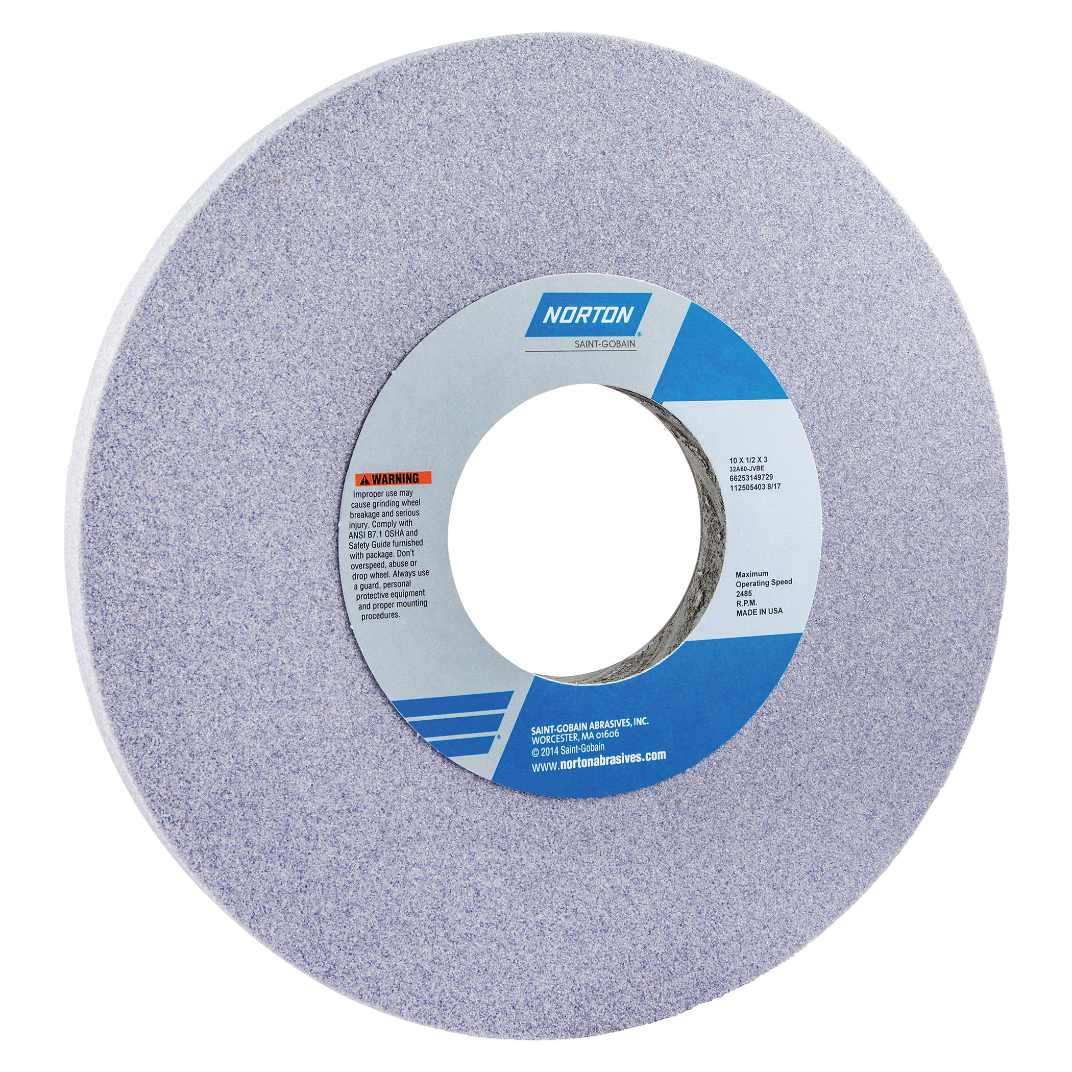 Norton® 66253149729 32A Straight Toolroom Wheel, 10 in Dia x 1/2 in THK, 3 in Center Hole, 60 Grit, Aluminum Oxide Abrasive