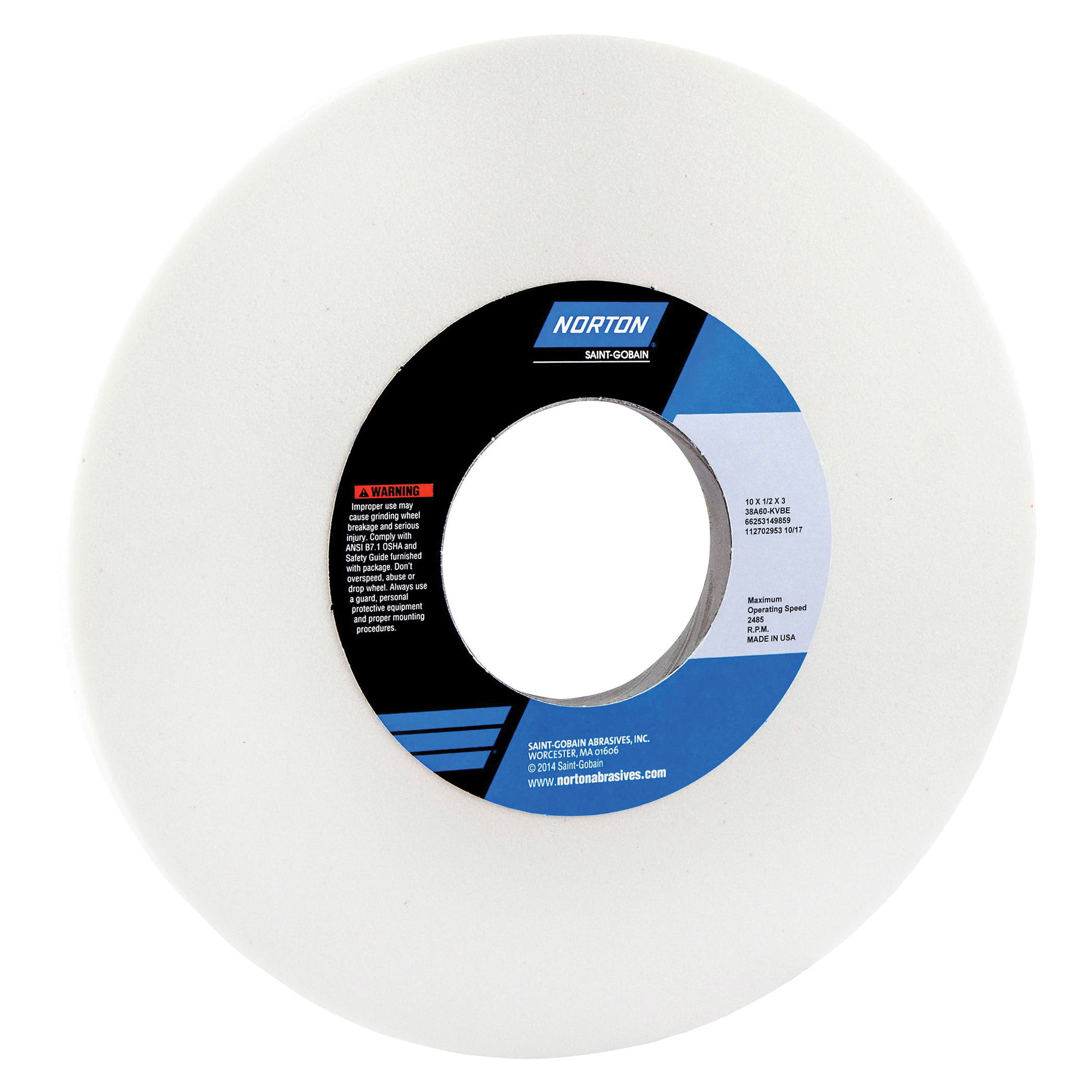 Norton® 66253149859 38A Straight Toolroom Wheel, 10 in Dia x 1/2 in THK, 3 in Center Hole, 60 Grit, Aluminum Oxide Abrasive