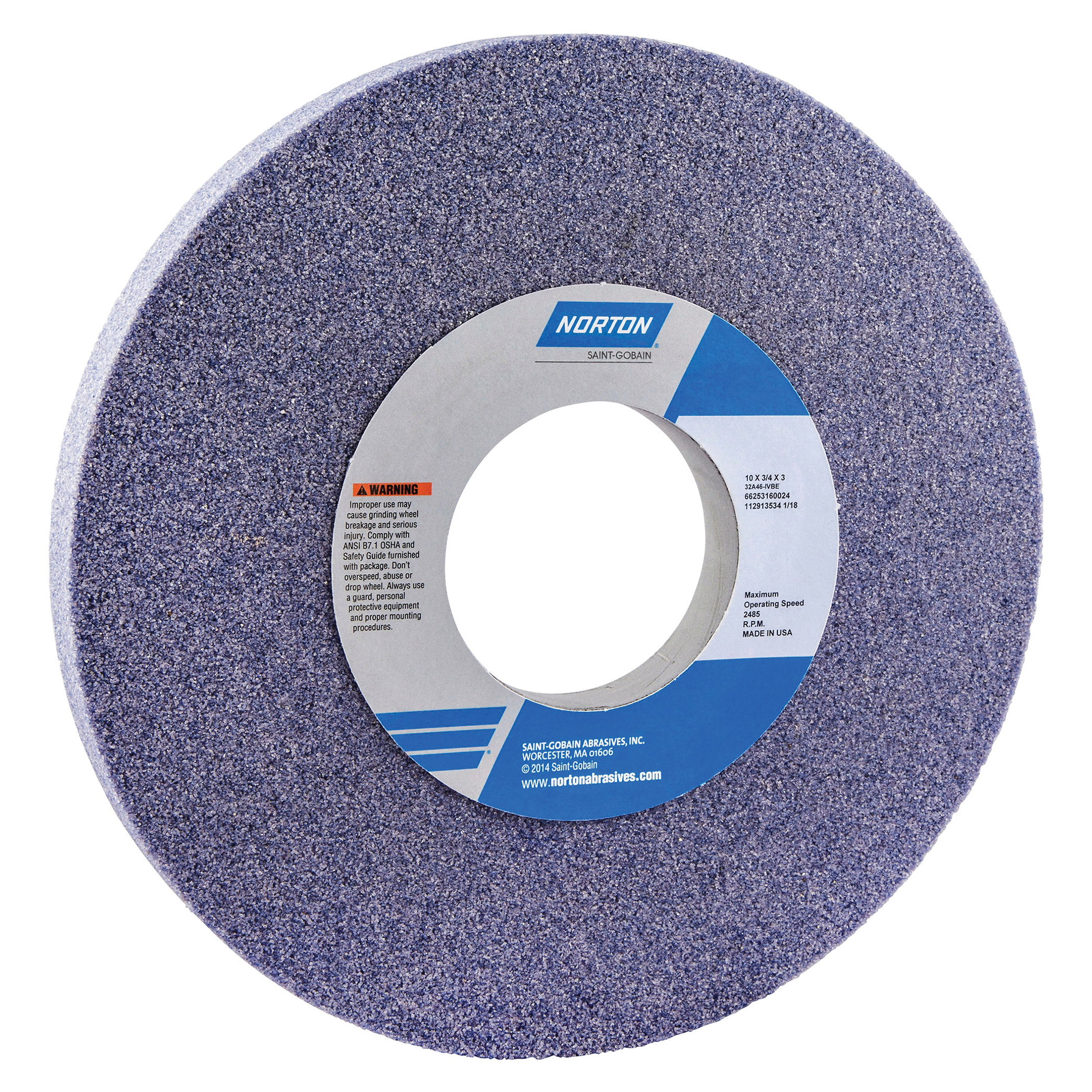 Norton® 66253160024 32A Straight Toolroom Wheel, 10 in Dia x 3/4 in THK, 3 in Center Hole, 46 Grit, Aluminum Oxide Abrasive