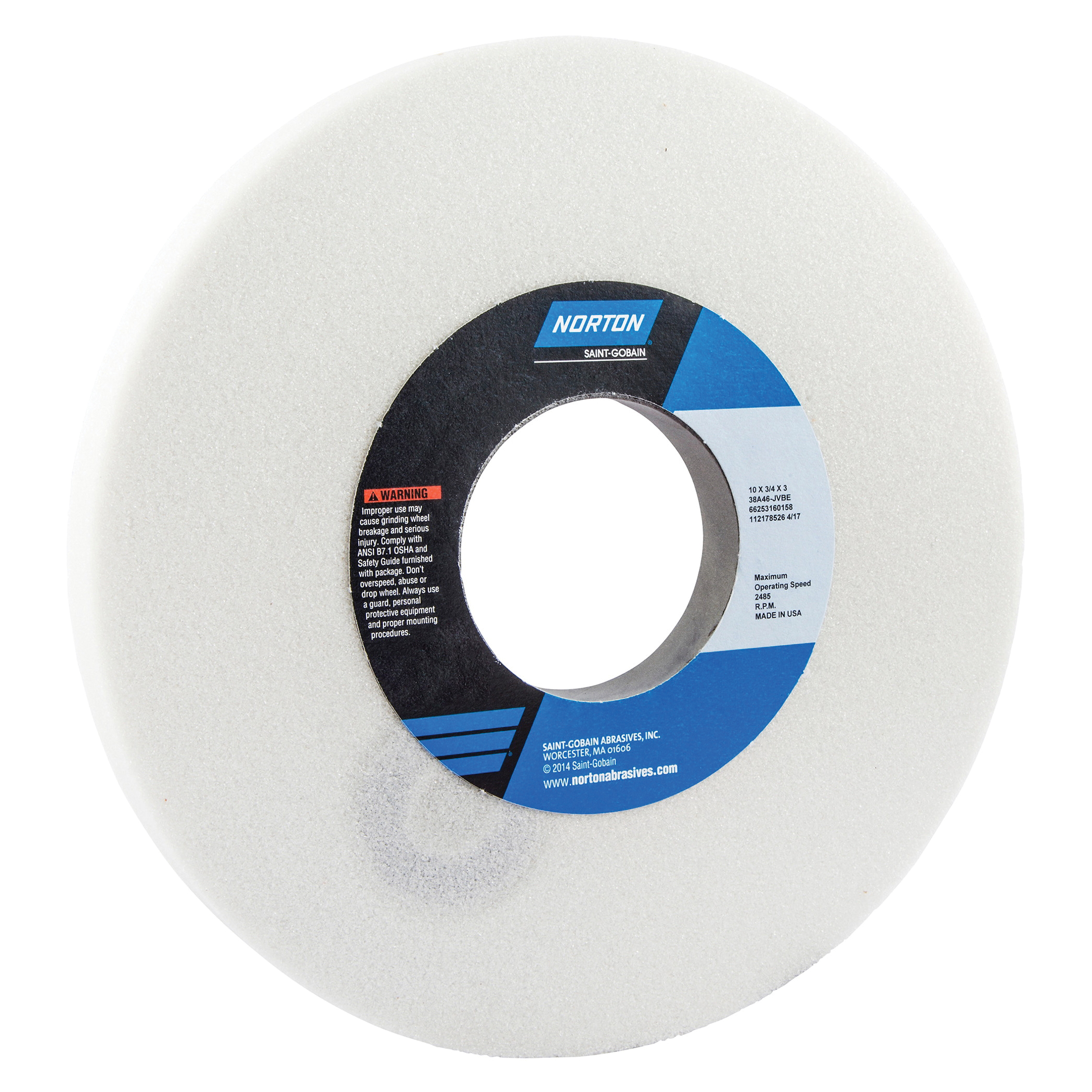 Norton® 66253160158 38A Straight Toolroom Wheel, 10 in Dia x 3/4 in THK, 3 in Center Hole, 46 Grit, Aluminum Oxide Abrasive