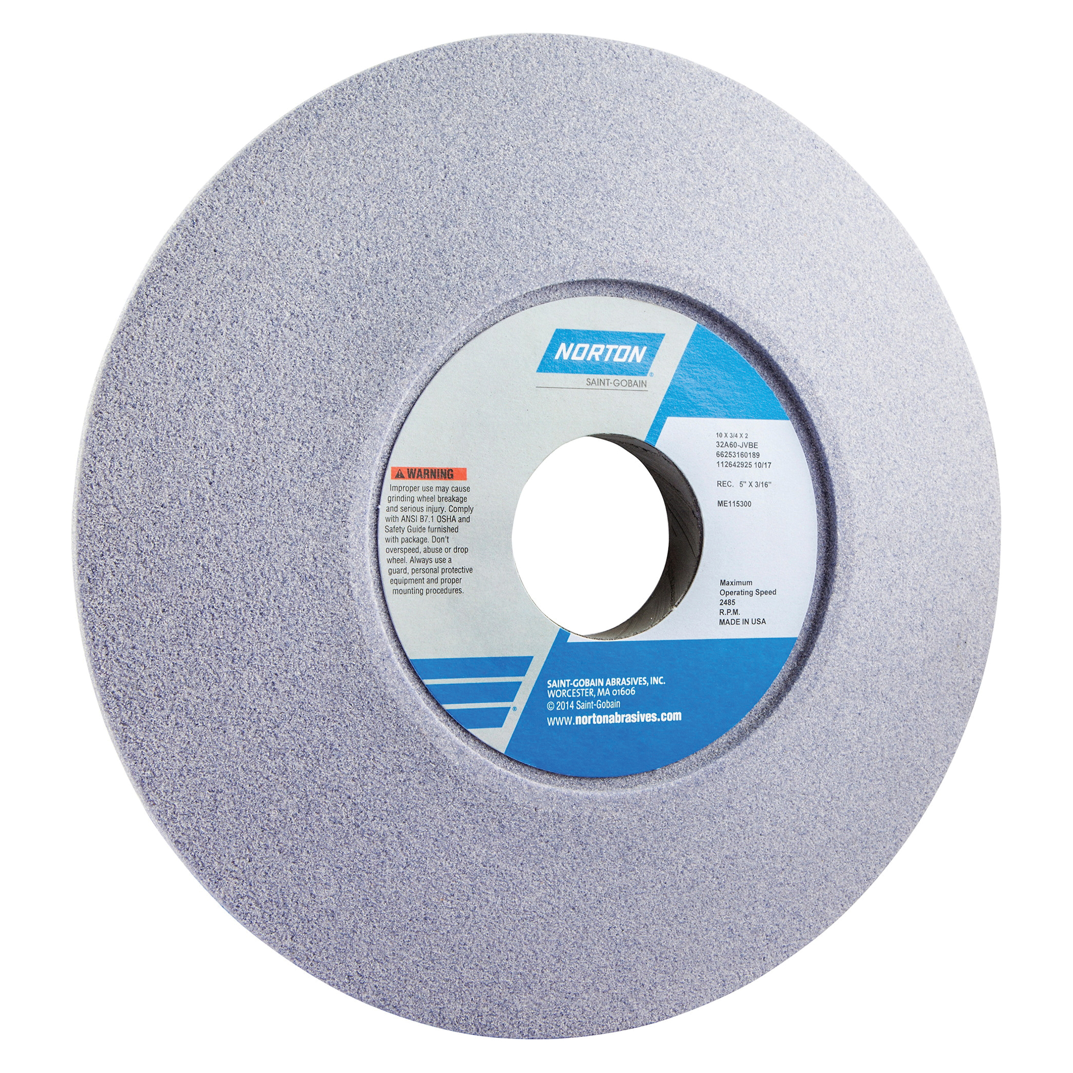 Norton® 66253160189 32A 1-Side Recessed Toolroom Wheel, 10 in Dia x 3/4 in THK, 2 in Center Hole, 60 Grit, Aluminum Oxide Abrasive