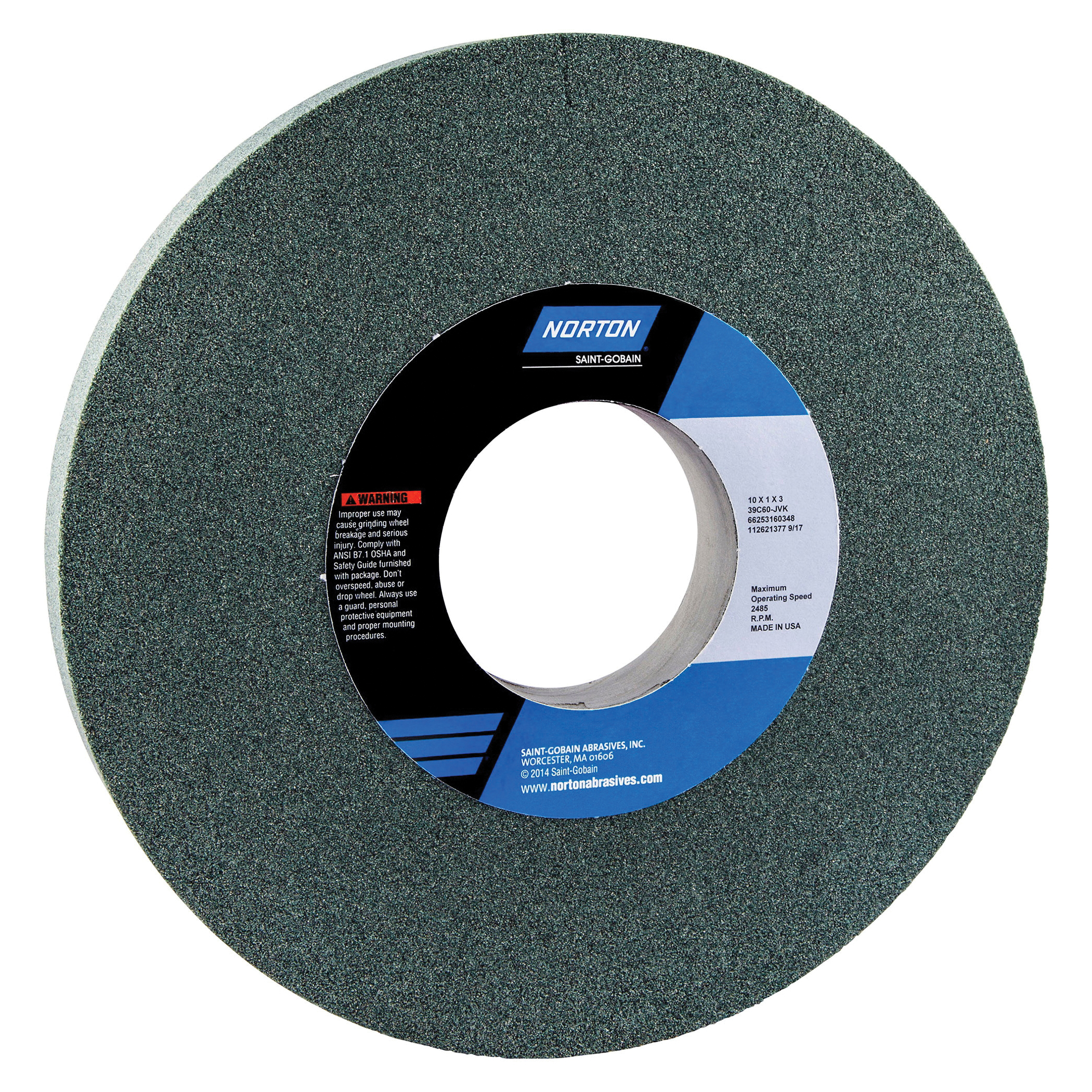 Norton® 66253160348 39C Straight Toolroom Wheel, 10 in Dia x 1 in THK, 3 in Center Hole, 60 Grit, Silicon Carbide Abrasive